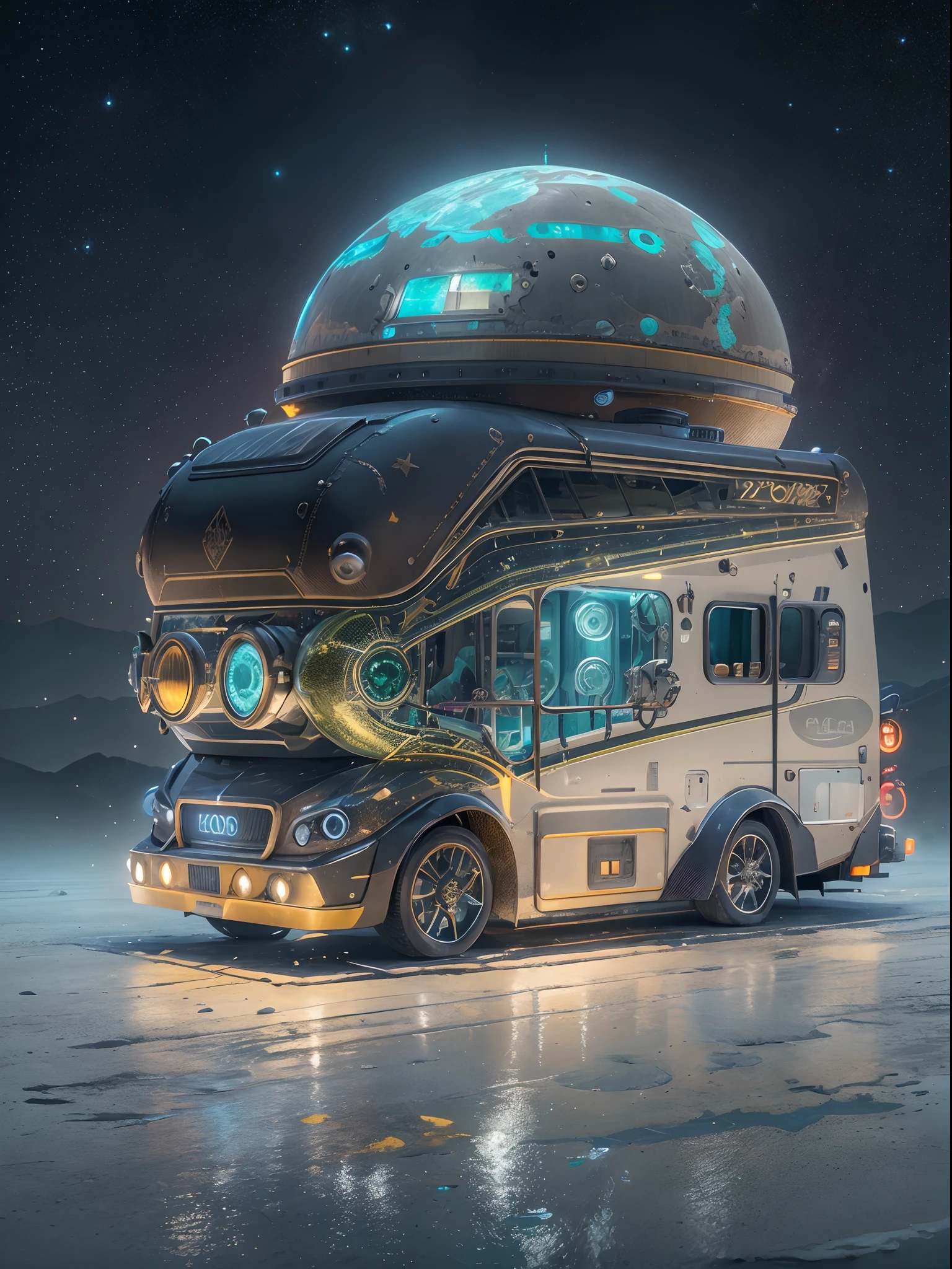 ((best quality)) , ((masterpiece)) , (detailed) ,Industrial Revolution, Steampunk, Vehicles, Complex Mechanical Detailsgrand, intricate background, knee level shot of a Glowing Enchanting Iranian (a RV:1.3) , it is with electric green accessories, it is sleek, simple dark white background, dense mountains and Neutron star in background, Clear skies, FOV 90 degrees, Overdetailed art, Depressing, Funk Art, Neon Light, Depth of field 270mm, Agfacolor, Plain white background, glitter texture, extremely beautiful, 64K, 8k resolution