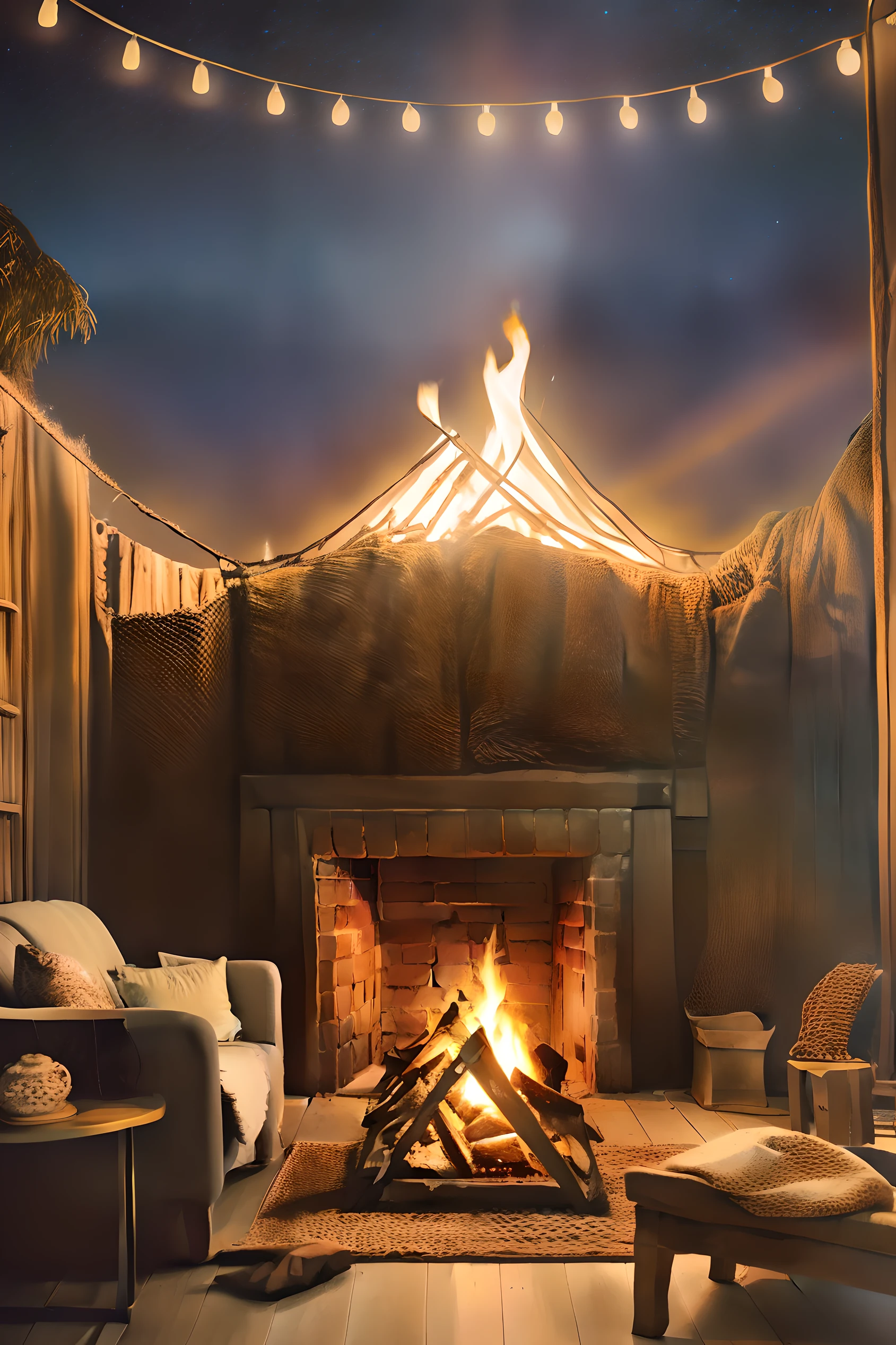 there is a fire place with a fire in it and a night sky, cozy home background, cozy place, cozy night fireflies, cozy and peaceful atmosphere, relaxing atmosphere, relaxing concept art, cozy atmospheric, night time render, cozy setting, cozy environment, relaxing environment, calm night. digital illustration, cosy atmoshpere, cozy atmosphere, highly detailed scene