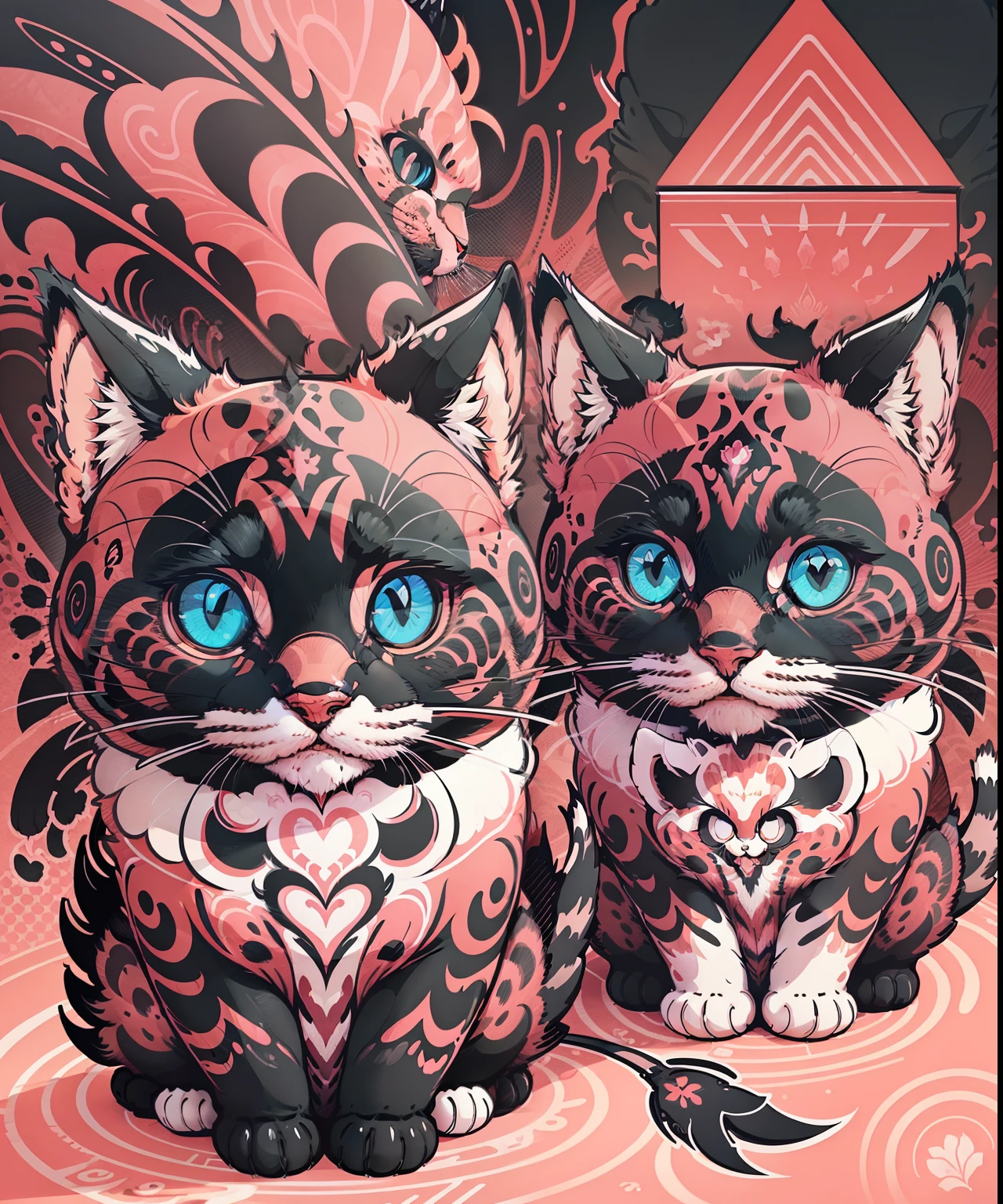 2d vector illustration, packaging design, cute cats, (play: 1.1), (combi),(best qualtiy, tmasterpiece: 1.3), Maximalism, (8 colors)