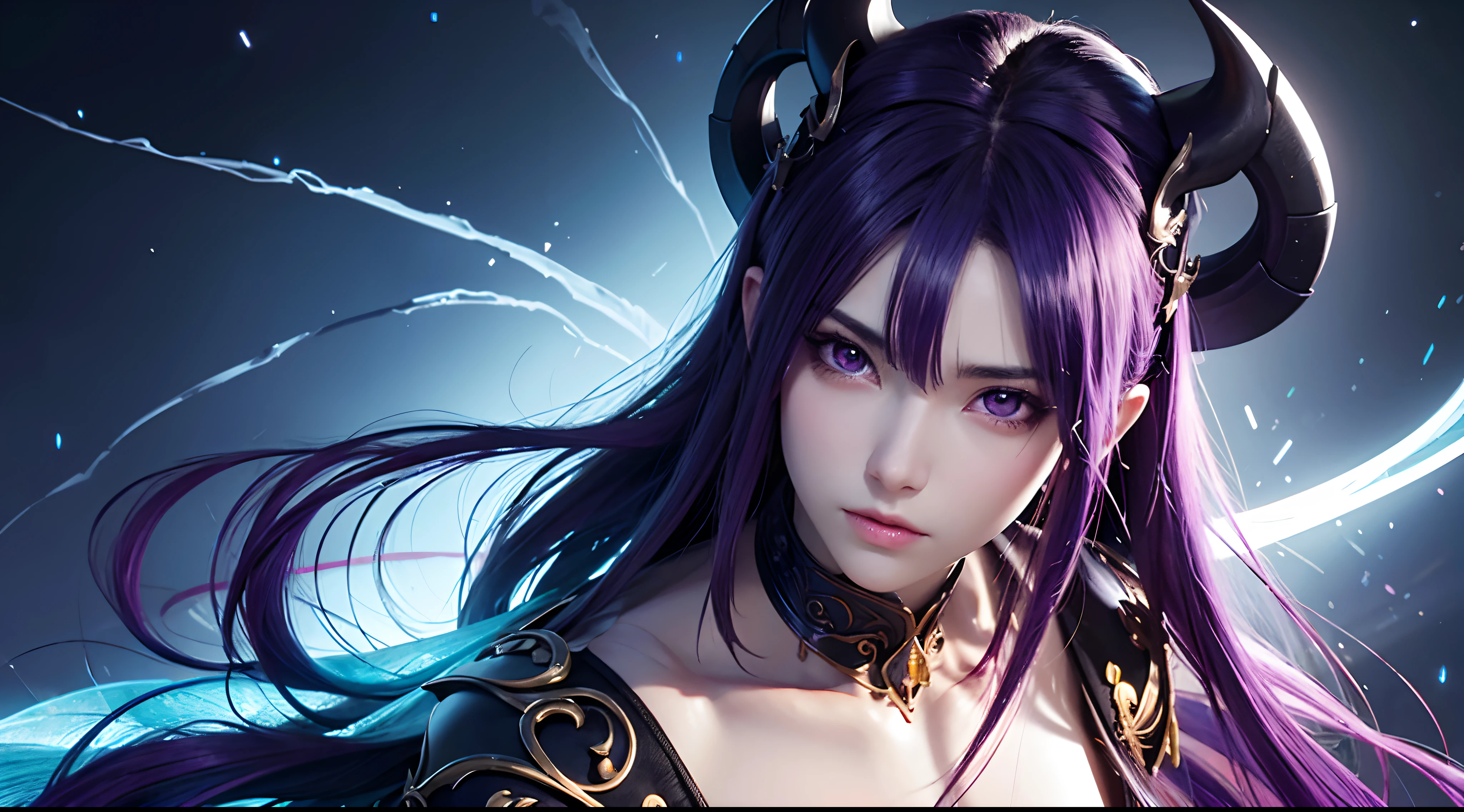 Extremely detailed artwork, best quality, 8k: Anime character with purple hair and glowing eyes against dark background, handsome guy in demon slayer art, epic fantasy art style epic, badass anime 8k, epic fantasy digital art style, detailed anime digital art, male demon human, portrait of the underworld , epic fantasy art style hd, expressive fierce 8k, male demon, extremely detailed artgerm.