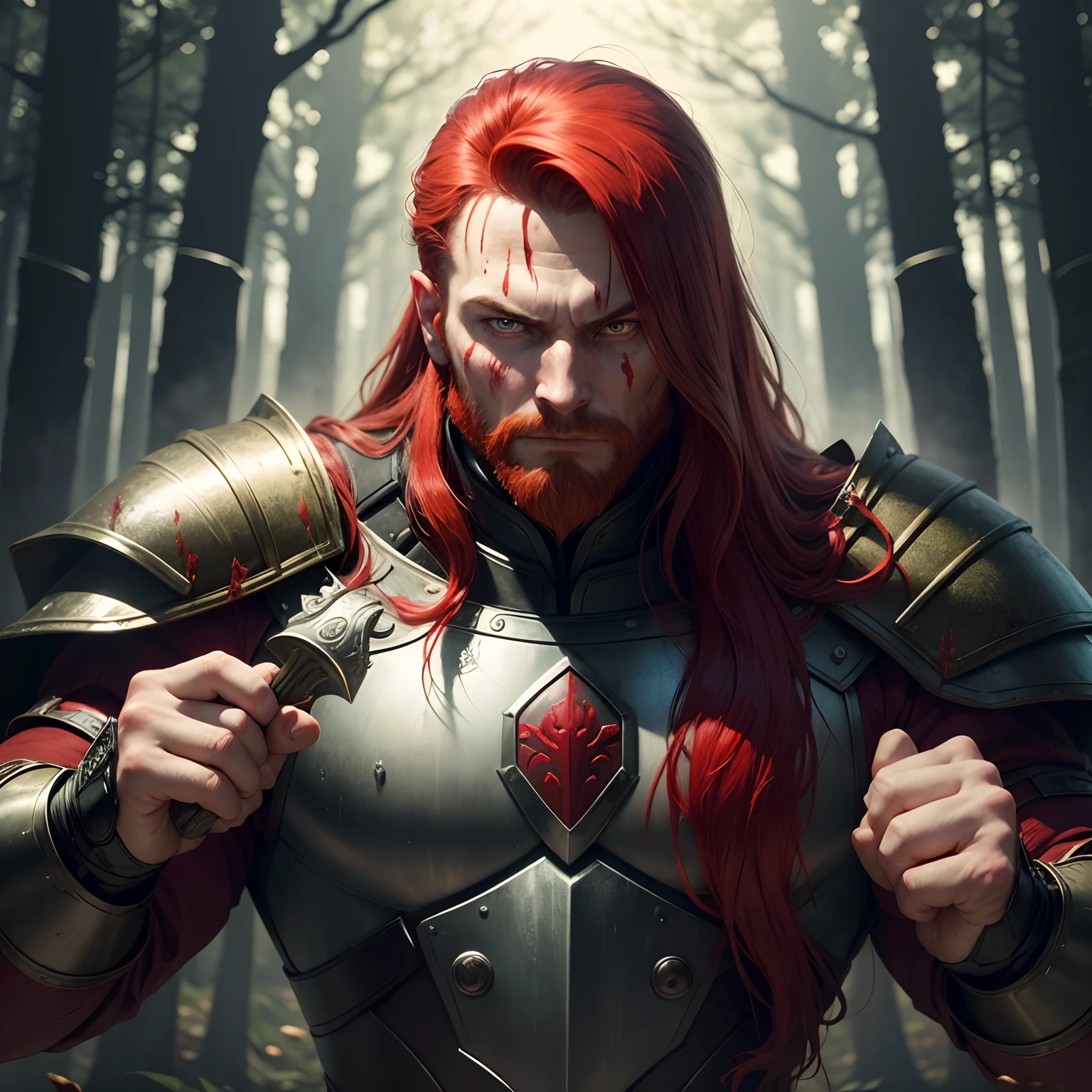 The best quality, super sharp, the wallpaper is a forest, a 30-year-old man named Blood, fierce face, long red hair, sinister eyes, armor stained red with blood, holding a sword serum in his hand