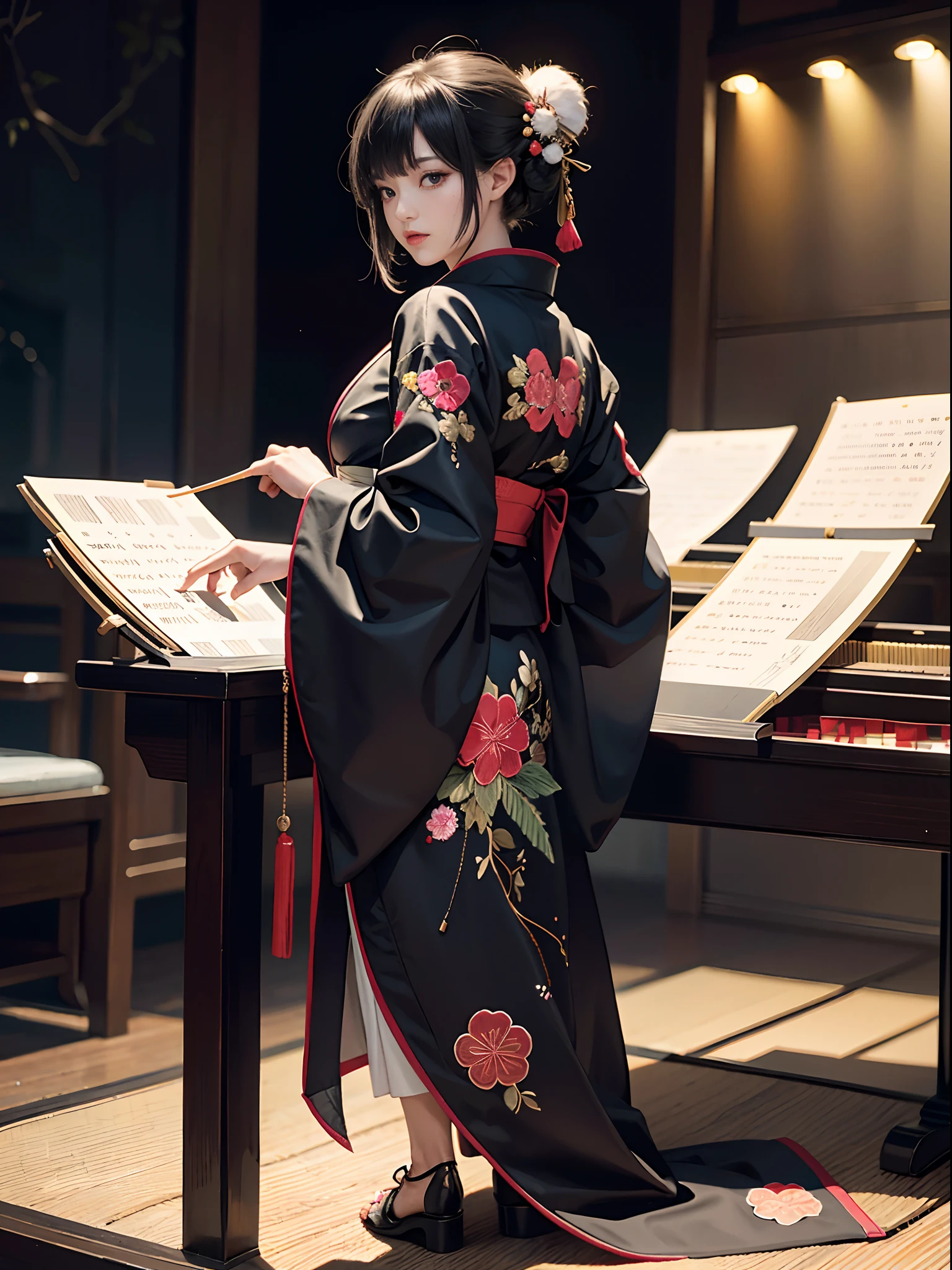 Background of details(concert hall),BREAK ,elaborate costume(Luxury kimono(Black kimono(detailed embroidery))),BREAK,1 Beautiful and classy adult woman(Japanese actressl:1.2)(shinny hair(A black,verdant)(Short hair)),(Playing the koto:1.2),BREAK,Wallpapers 16K,Blur the background,(masutepiece:1.5), (Best Quality:1.5),(Portrait photos:1.5),(full body Esbian:1.5)