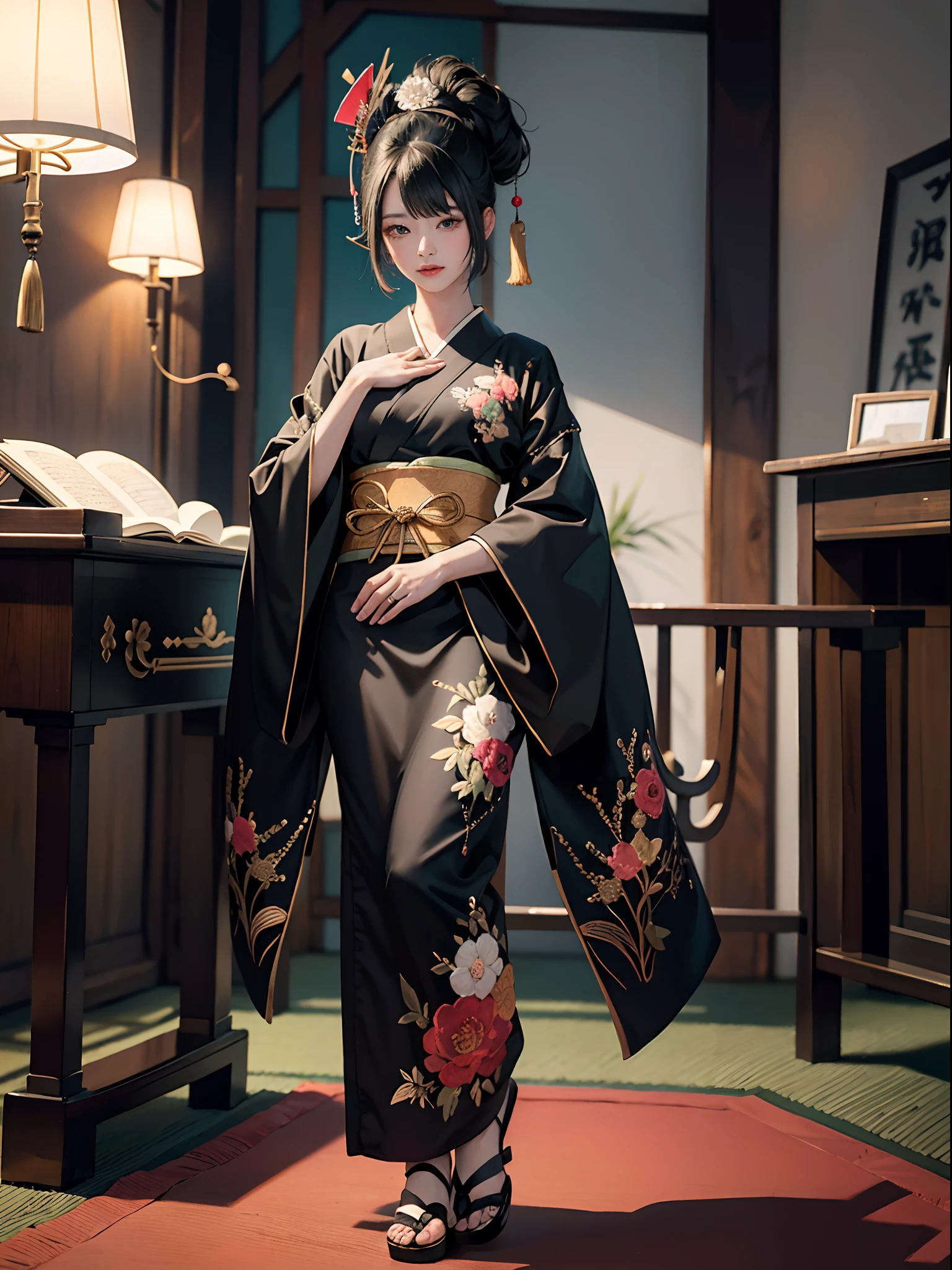 Background of details(concert hall),BREAK ,elaborate costume(Luxury kimono(Black kimono(detailed embroidery))),BREAK,1 Beautiful and classy adult woman(Japanese actressl:1.hinny hair(A black,verdant)(Short hair)),(Playing the koto2),BREAK,Wallpapers 16K,Blur the background,(masutepiece:1.5), (Best Quality:1.5),(Portrait photos:1.5),(full body Esbian:1.5)
