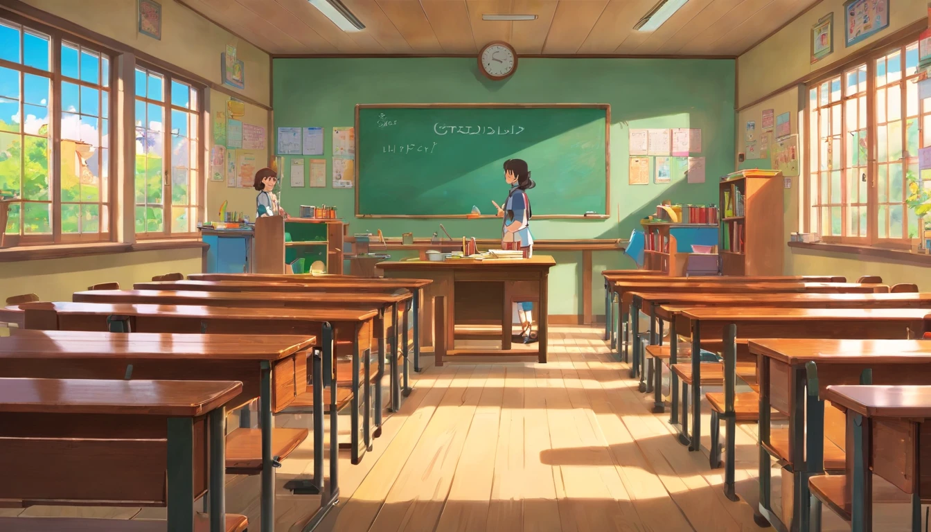the essence of nostalgic school days. Vibrant classroom with benches filled with students, boys and girls engaged in vivid conversations. Realistic & detailed artistic style brings the scene to life.