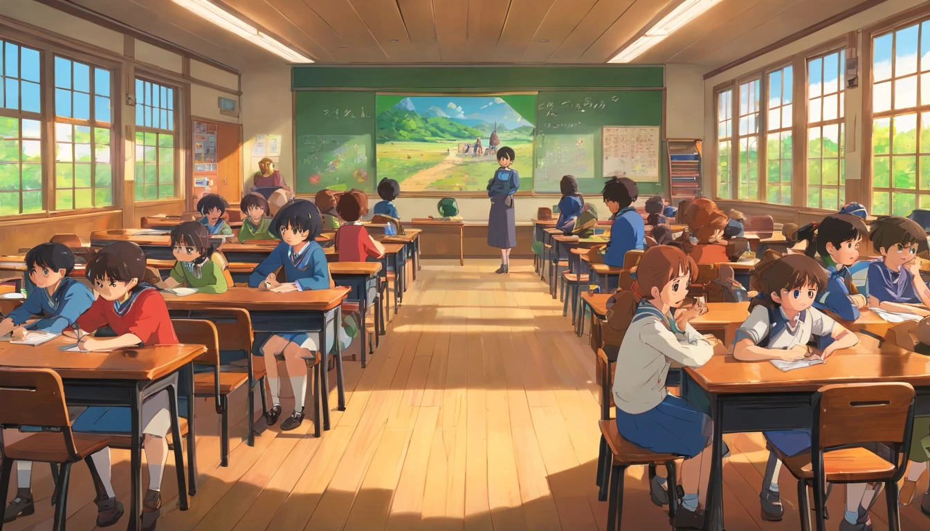 the essence of nostalgic school days. Vibrant classroom with benches filled with students, boys and girls engaged in vivid conversations. Realistic & detailed artistic style brings the scene to life.