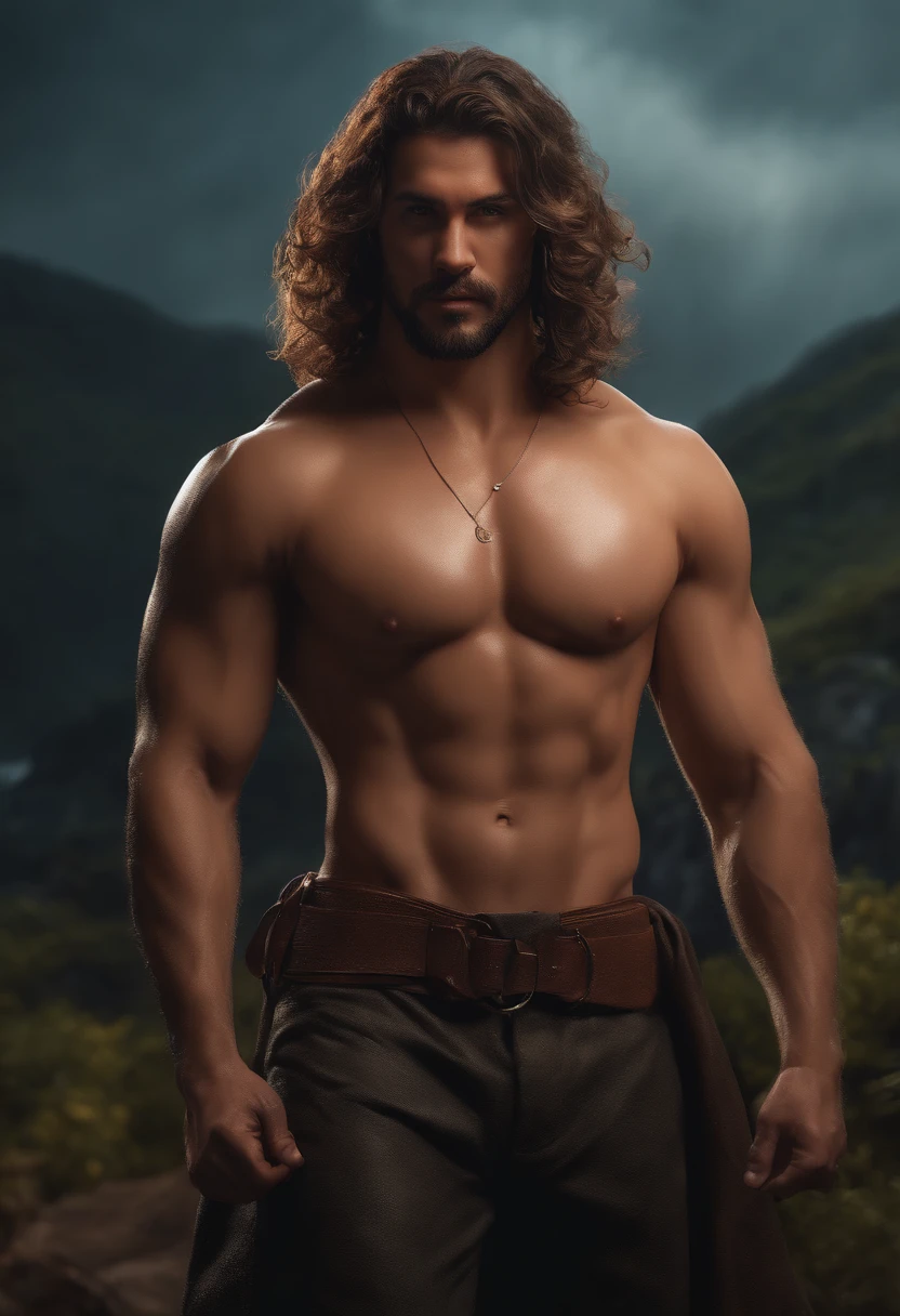 (Professional 3D rendering:1.3) de (Realistic:1.3) Foto de arte mais bonita do mundo,Features soft, bright male heroes, ((Epic hero fantasy rough muscular man wet hero look Soft long hair short beard and expression Surprised in dynamic pose, fantastic location, majestoso ambiente desordenado)), corpo inteiro 8k unidade render, action shot, poros da pele, very dark lighting, sombreamento pesado, circunstanciado, Rosto detalhado, (vibrante, fotogrdeia realista, Realistic, Dramatic, Escuro, foco nítido, 8k), (Old leather clothes damaged by bad weather:1.4), ((((Use peles)))), (intrincado:1.4), decadente, (altamente detalhado:1.4), pintura digital, rendering by octane, art stations, Conceito-Arte, liso, foco nítido, illustration, germe da arte, (Loish:0.23), Wlop Ilya Kuvshinov, e Greg Rutkowski e Alphonse Mucha Gracias, (global ilumination, studiolight, Light Volumetric), chuva forte, floating particles, patife, fantasia, Onze, corpo inteiroesbian, ((Fundo escuro e antigo da cidade:1.3)),CGSesociedade,art stations