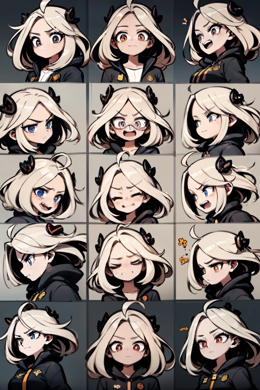 Cute girl avatar，Emoji pack，（glasses），((9 emojis，emoji sheet of，Align arrangement))，(9 poses and expressions),（grieves，astonishment，having fun，exhilarated，big laughter，Angry，doubt，Touch your head，Sell moe,cry），Anthropomorphic style，Chinese style，Black strokes，Different emotions，9 poses and expressions，8K