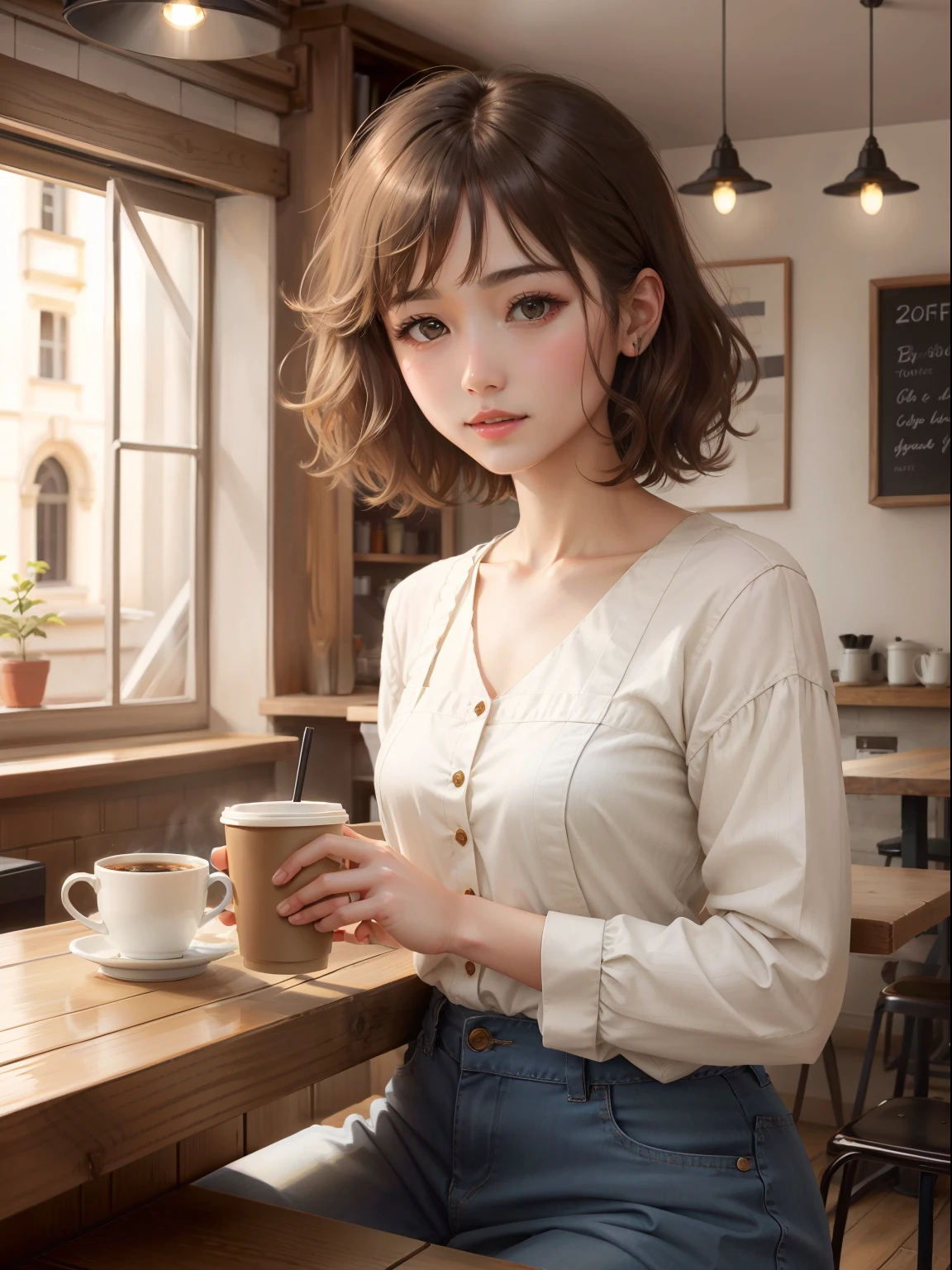 Coffee Girl, Realistic, High Quality, coffee shop, Soft light, Natural and authentic, coffee, Short Hair Hair, Golden Hair,