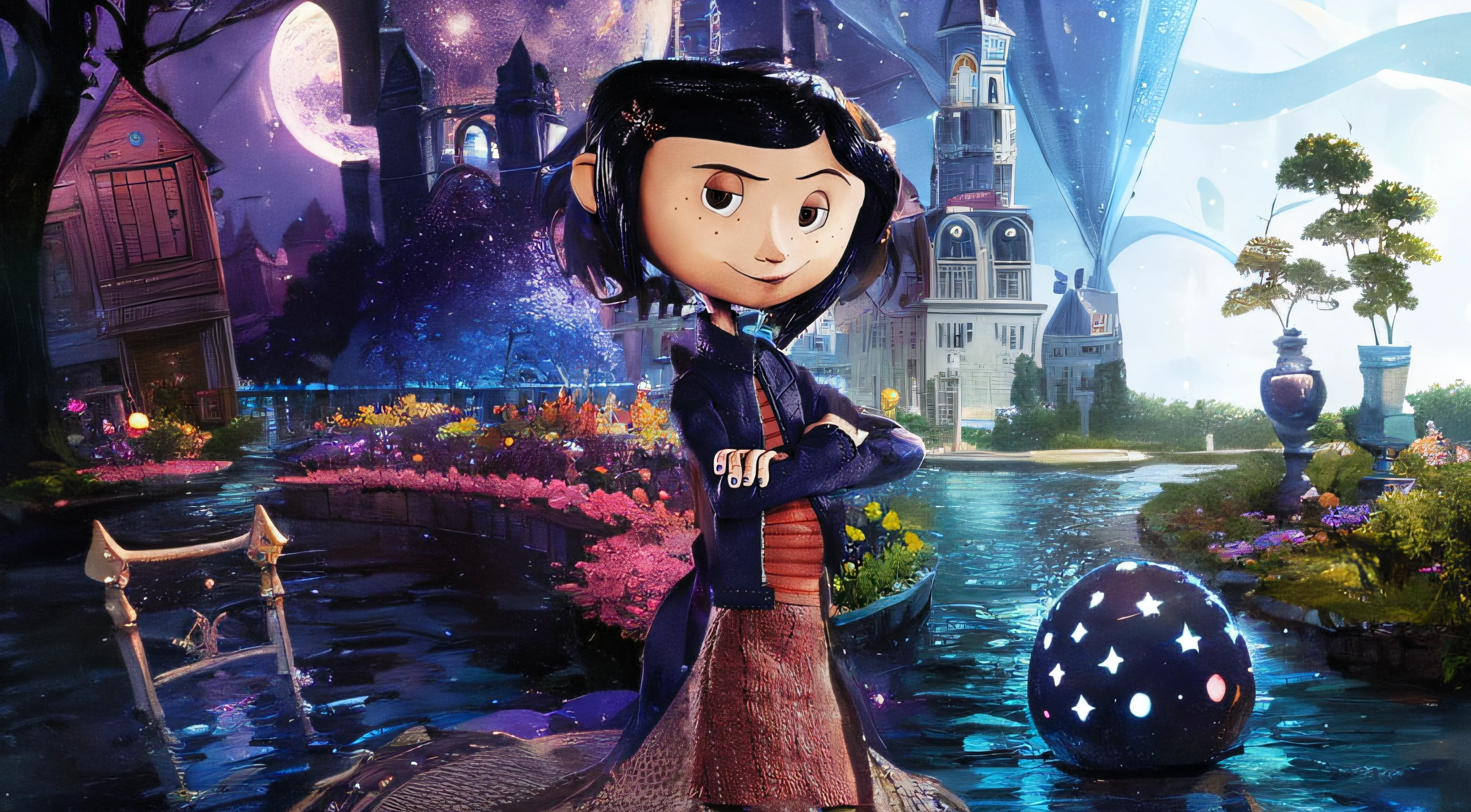 coraline movie, style coraline, background another world, mystery, purple portal