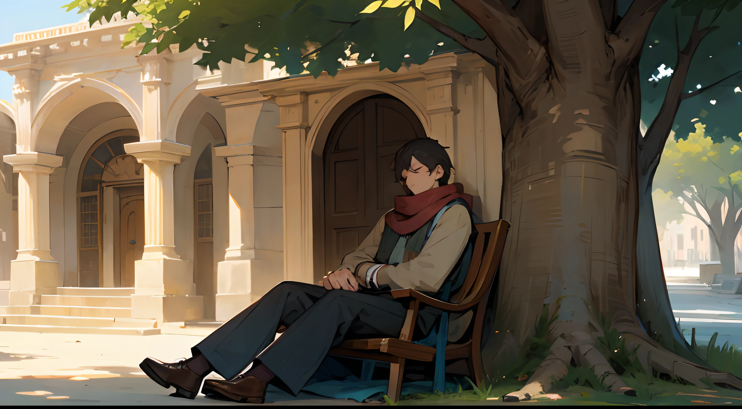 Man in country clothes and scarf sleeping in the shade of a tree at the entrance of the city