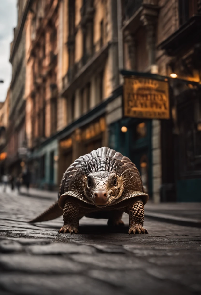 ARMADILLO EN MEDIO DE UNA CIUDAD LLENA DE DINOSAURIOS CON COLAS LARGAS
