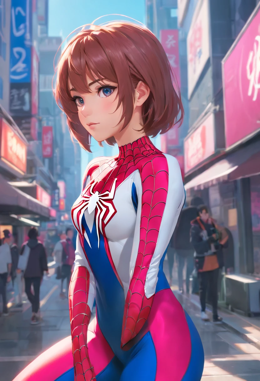 A Spider-Man in white/pink uniform, black clothing details, HDR, UHD, 64K, highly detailed, professional photography by Sergio Nogueira, trending on artstation, unreal engine, vivid colors, high resolution scanning