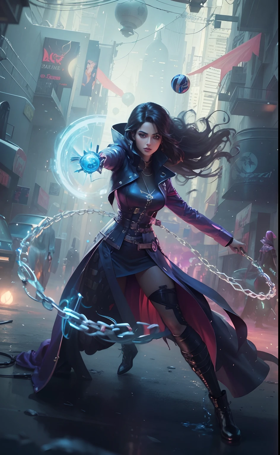 a woman in a long coat holding a chain and a ball, artgerm julie bell beeple, stylized urban fantasy artwork, maya ali as a d&d sorcerer, maya ali as a cyber sorceress, magic the gathering sorceress, female mage conjuring a spell, alena aenami and artgerm, seductive cyberpunk dark fantasy