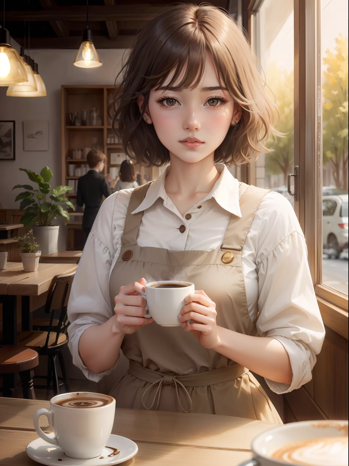 Coffee Girl, Realistic, High Quality, coffee shop, Soft light, Natural and authentic, coffee, Short Hair Hair, Golden Hair,