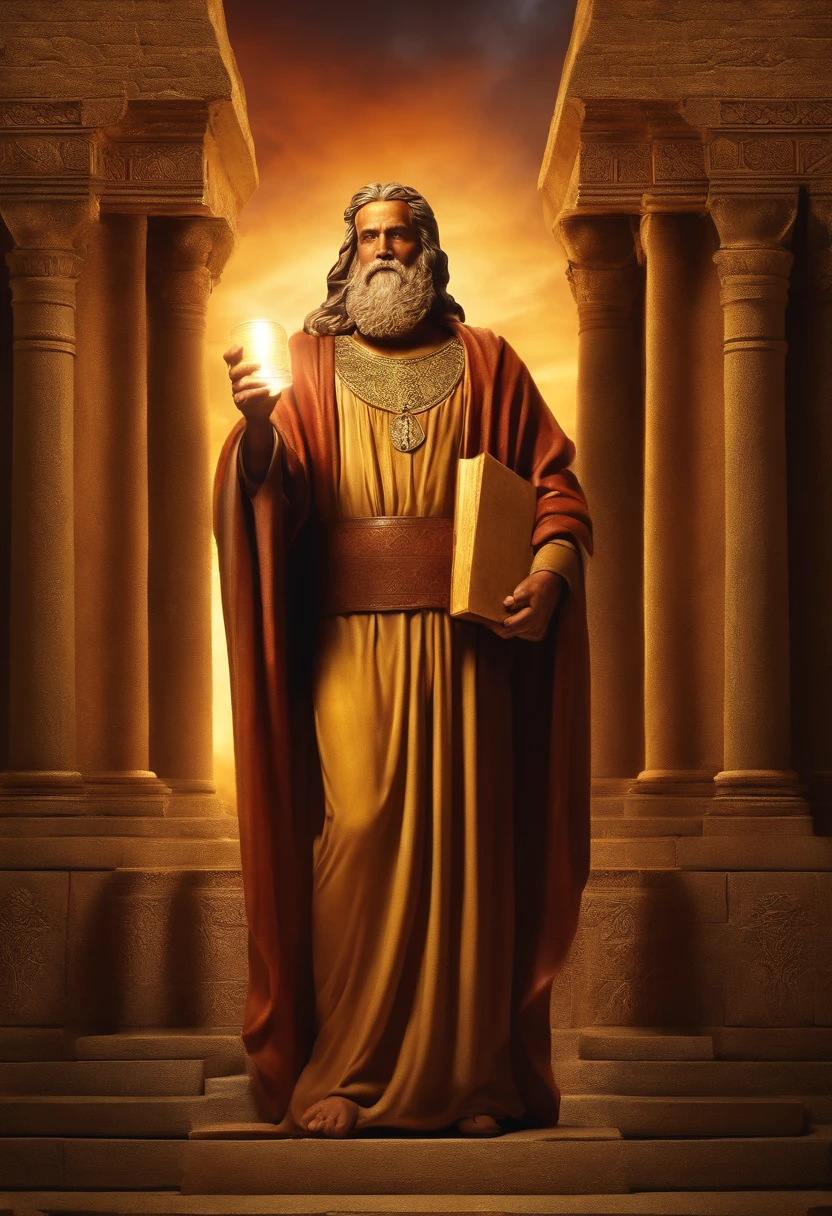 make Moses from the Holy Bible, olhando para o lado, postura de comando, imponente ,estatua, luz refletindo, semblante serio