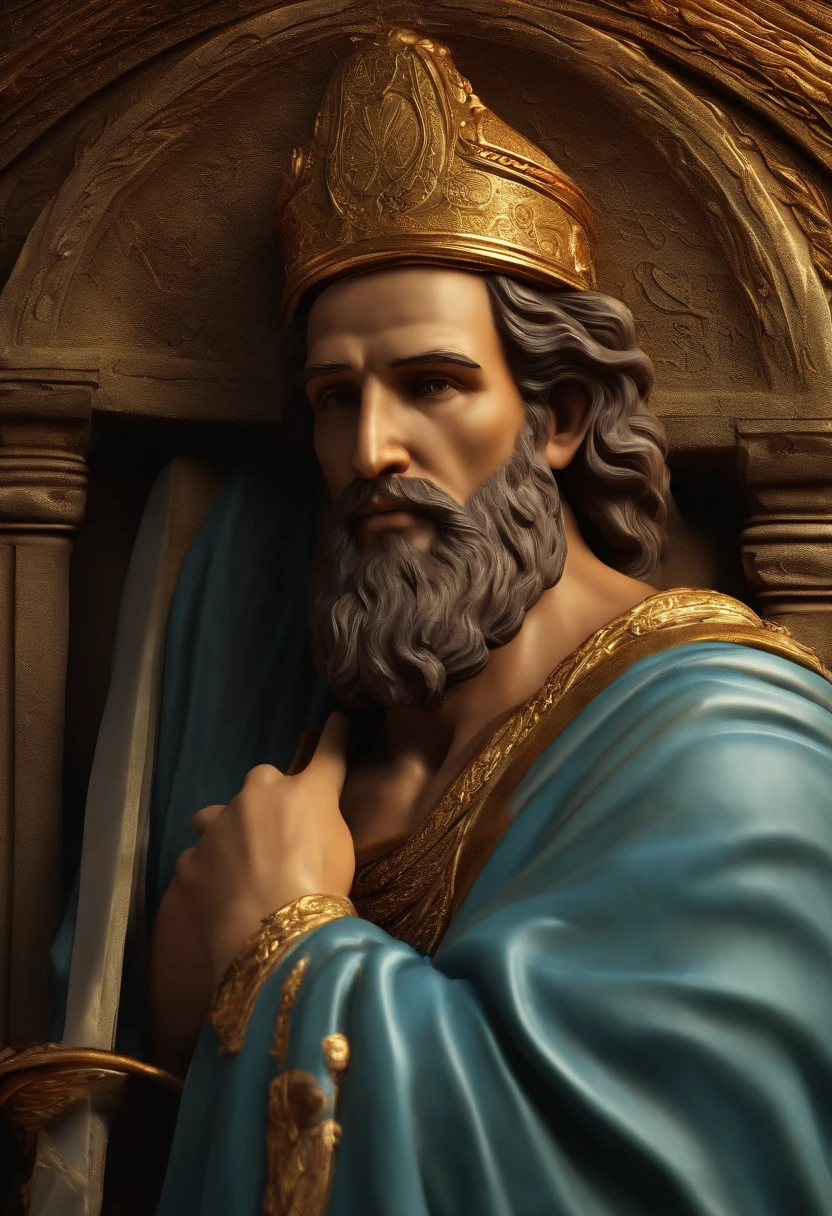 make Moses from the Holy Bible, olhando para o lado, postura de comando, imponente ,estatua, luz refletindo, semblante serio