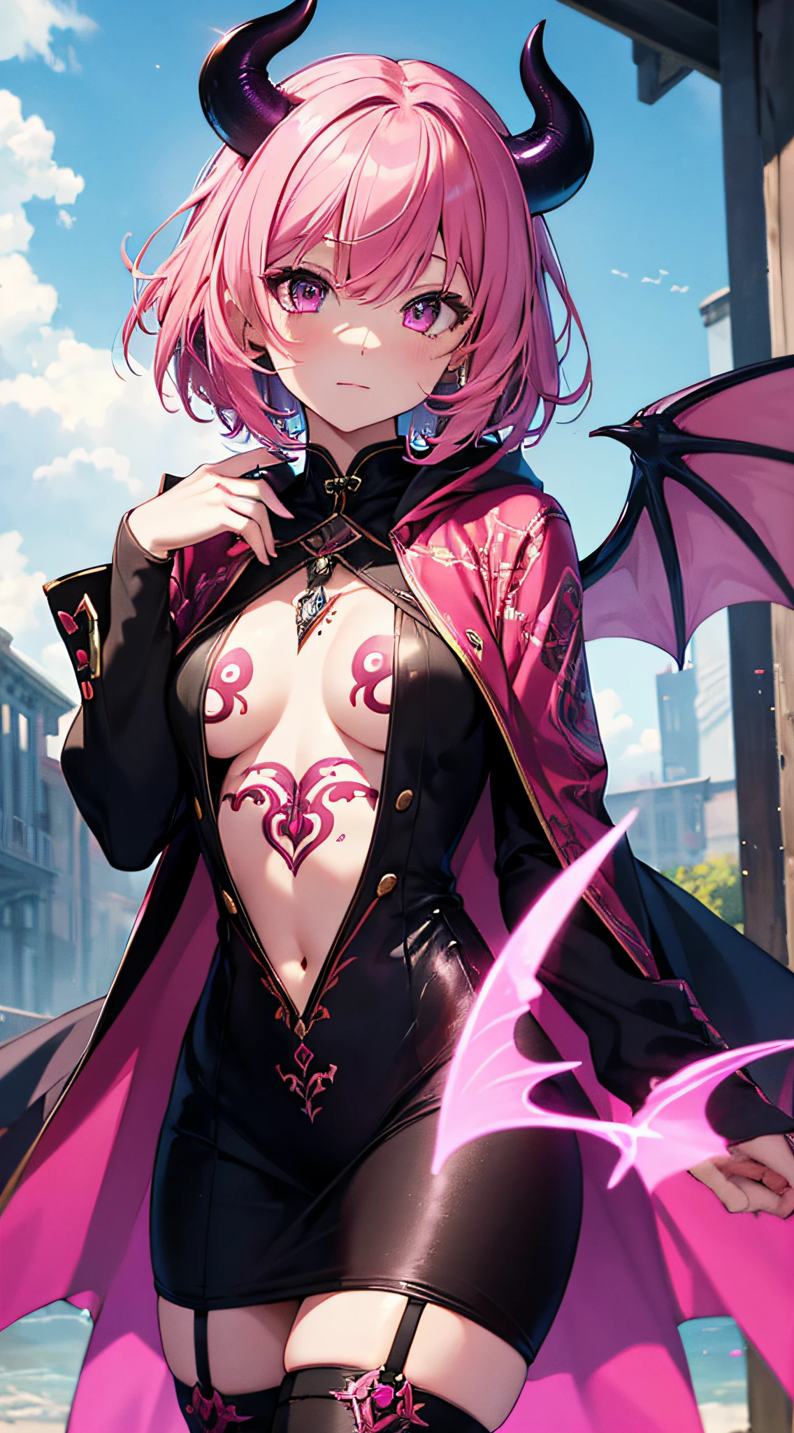 (best quality, vivid colors, ultra-detailed),portrait,succubus,pink hair,short hair,wear a cloak to cover her body,cute, tattoo, (seduce)