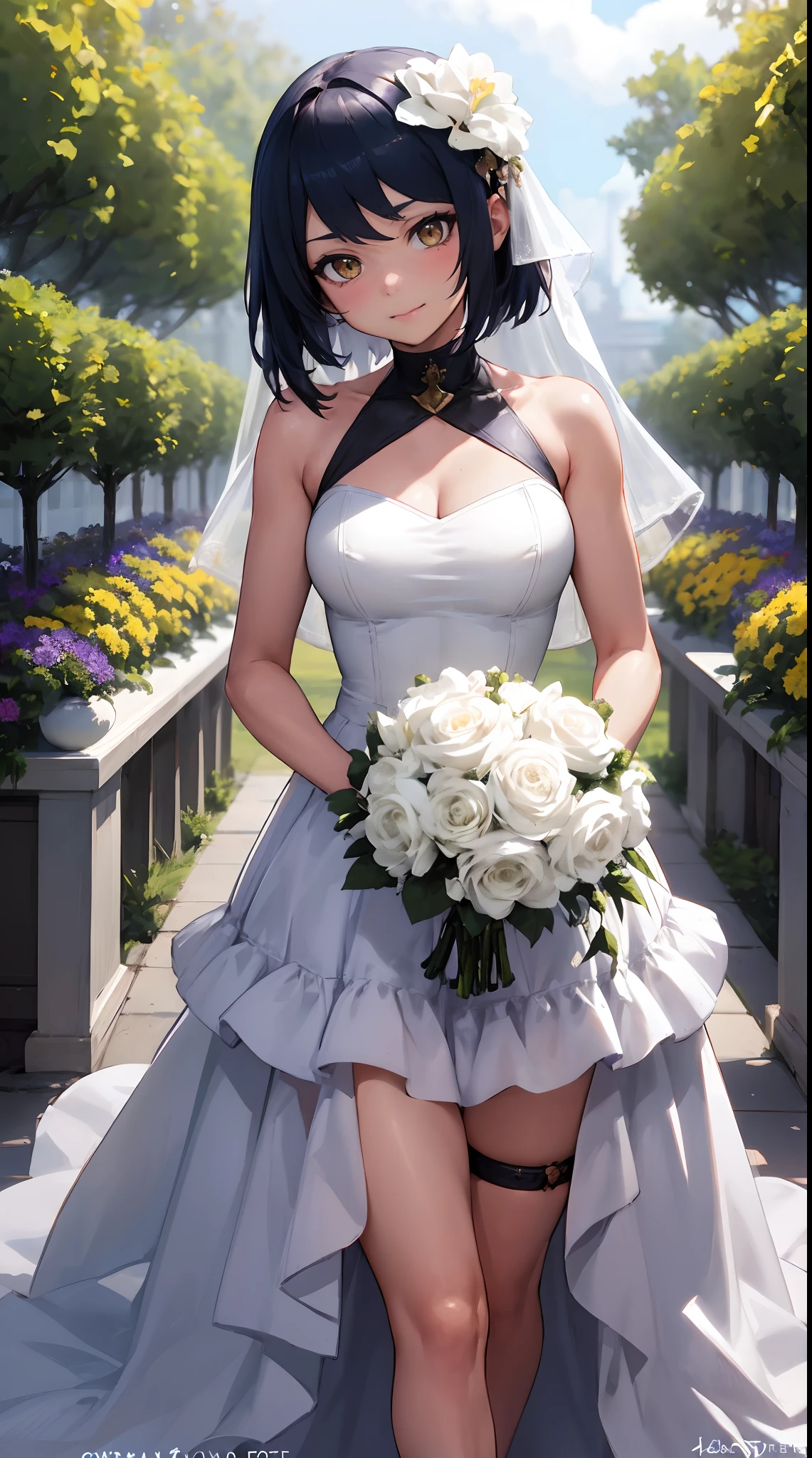 Kujou Sara | genshin impact, master-piece, bestquality, 1girls,25 years old, proportional body, proportional., Wedding Dresses, White Wedding Dress, Long skirt, wedding, ,bara, Standing in the middle of a flower garden, outdoor, wedding, The sky is beautiful, Both hands hold a bouquet of flowers.........................................................., View viewers from the front., Thigh strap, Head tilt, bored, 10, 10, HD, slight smile,