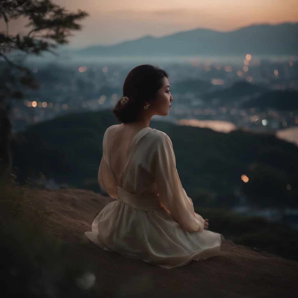 Beautuful Women、japanes、Best Quality、8K、Raw photo、Dreams、wanting、natta、天空、posterior view、starrysky、nighttime scene、modeled、Sitting on a hill、Rear view、