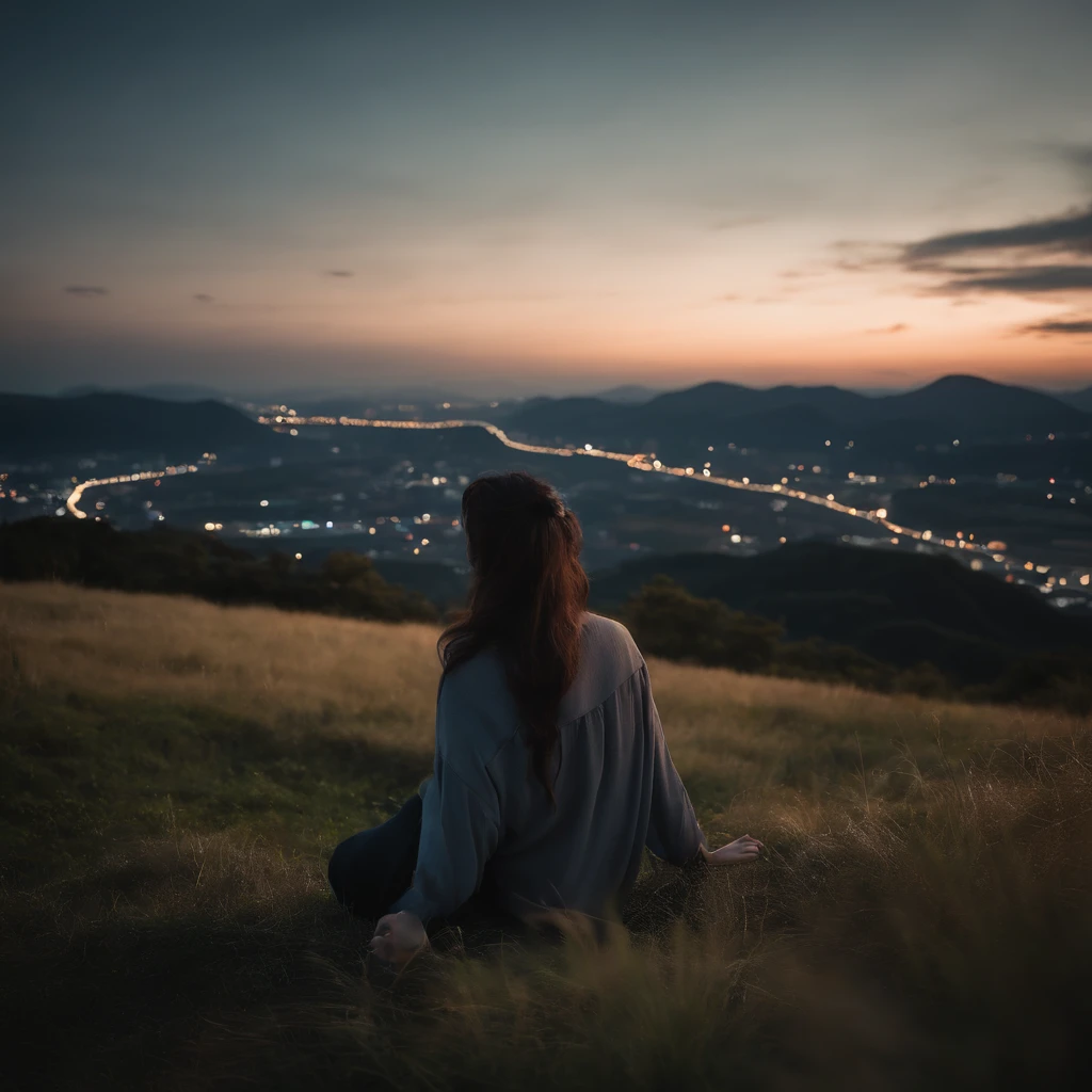Beautuful Women、japanes、Best Quality、8K、Raw photo、Dreams、wanting、natta、天空、posterior view、starrysky、nighttime scene、modeled、Sitting on a hill、Rear view、