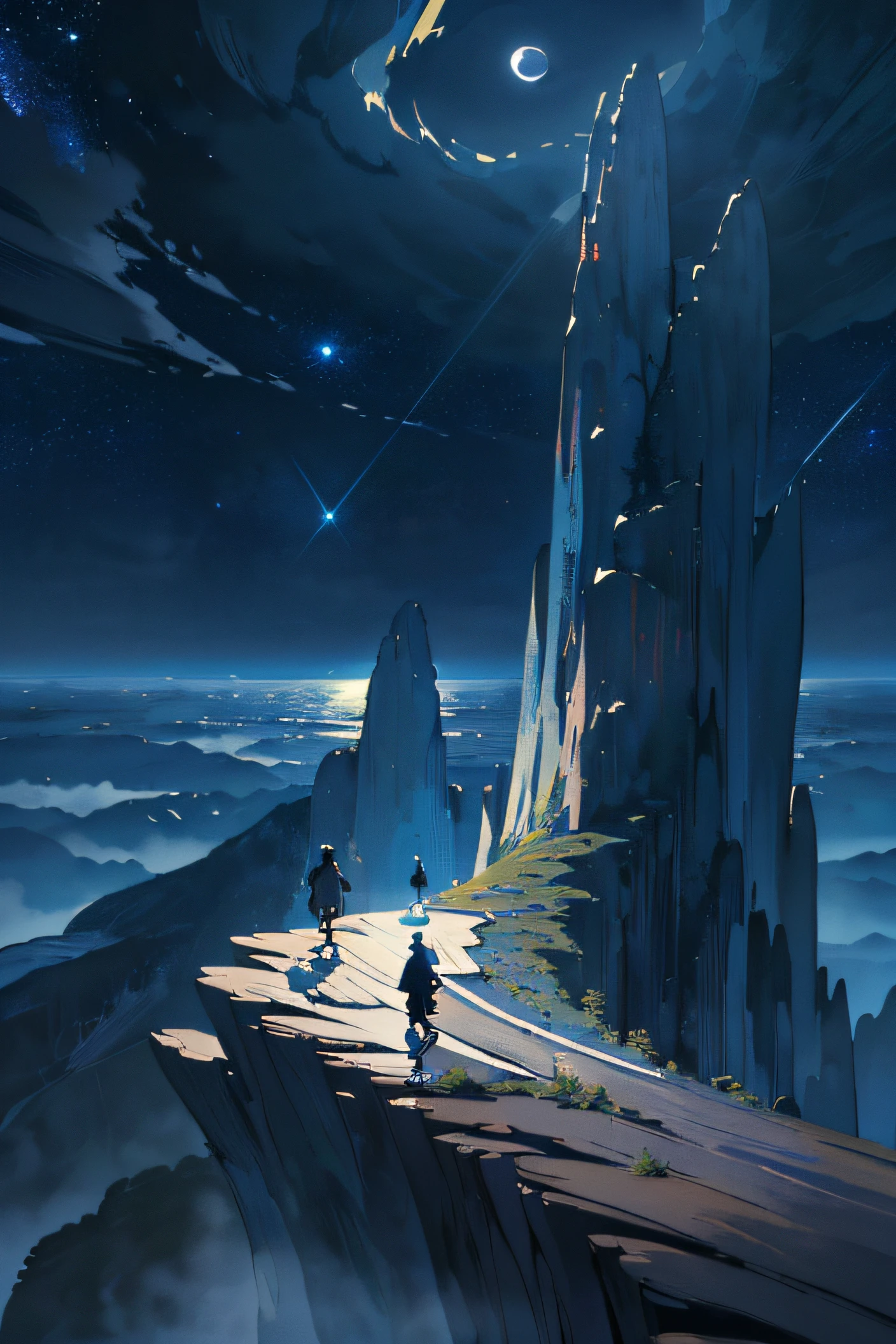 Very good 8KCG wallpapers, very fine 8K CG wallpaper, watercolor (medium), (((dark, Dark Night, Deep Night, the moon))) ((Sky color: dark blue)) (((Natural Background, rock formations, wood))), cliff, Mountain Summit ((plein air)) (((Character Deletion))) (((Excluding people)))