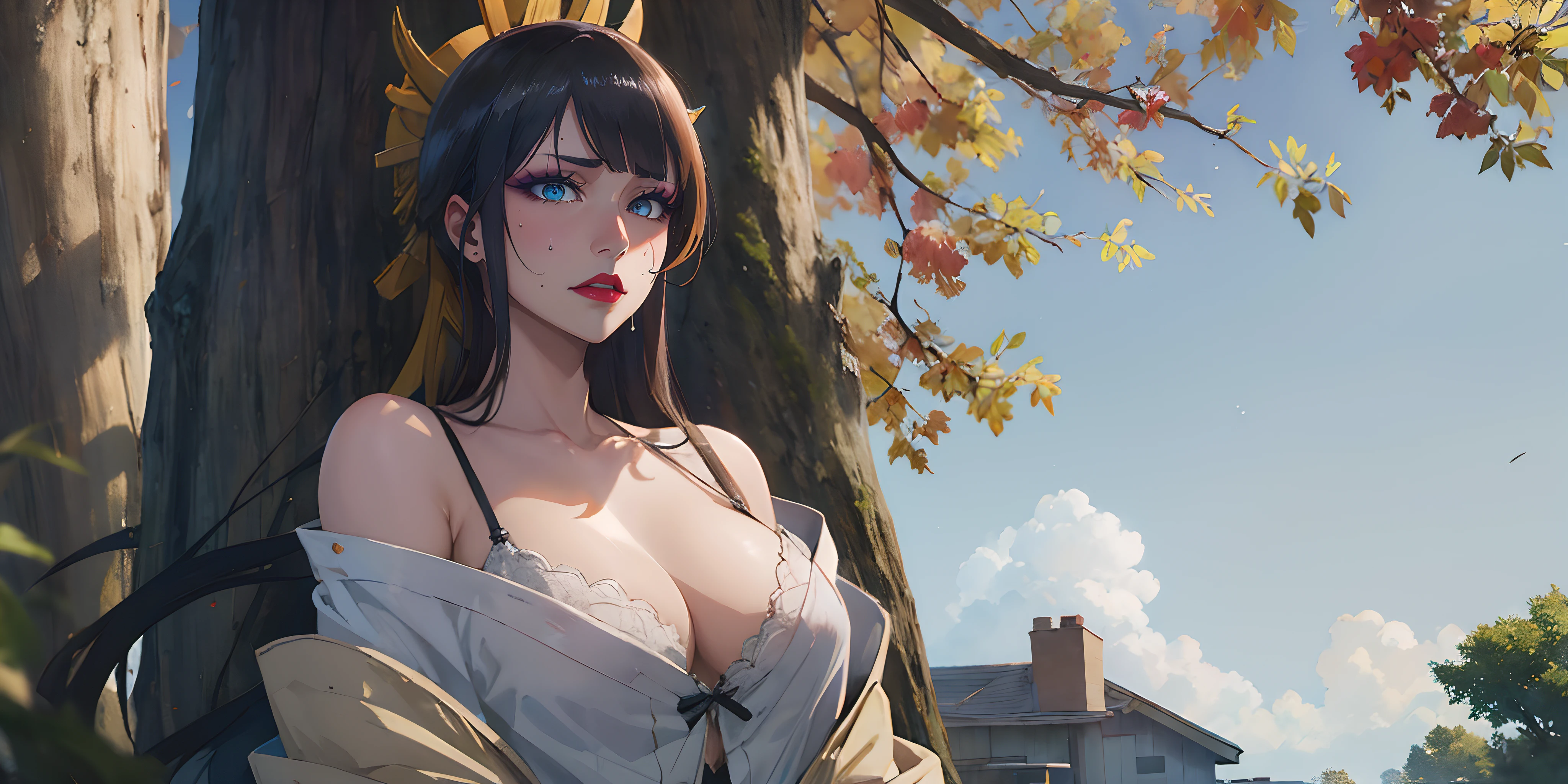 senjumaru shutara, (long hair, bangs, blunt bangs, black hair, sidelocks:1.5), (black eyes:1.5), makeup, lipstick, red lipstick, breasts, 1girl, tree, day, cleavage, sky, outdoors, large_breasts, bra, bare_shoulders, underwear, collarbone, cloud, looking_at_viewer, blue_sky, solo, sidelocks, building, looking at viewer, glow effects, godrays, Hand drawn, render, 8k, octane render, cinema 4d, blender, dark, atmospheric 4k ultra detailed, cinematic, Sharp focus, big depth of field, Masterpiece, colors, 3d octane render, 4k, concept art, trending on artstation, hyperrealistic, Vivid colors, extremely detailed CG unity 8k wallpaper, trending on CGSociety, Intricate, High Detail, dramatic, anime coloring, anime screencap,