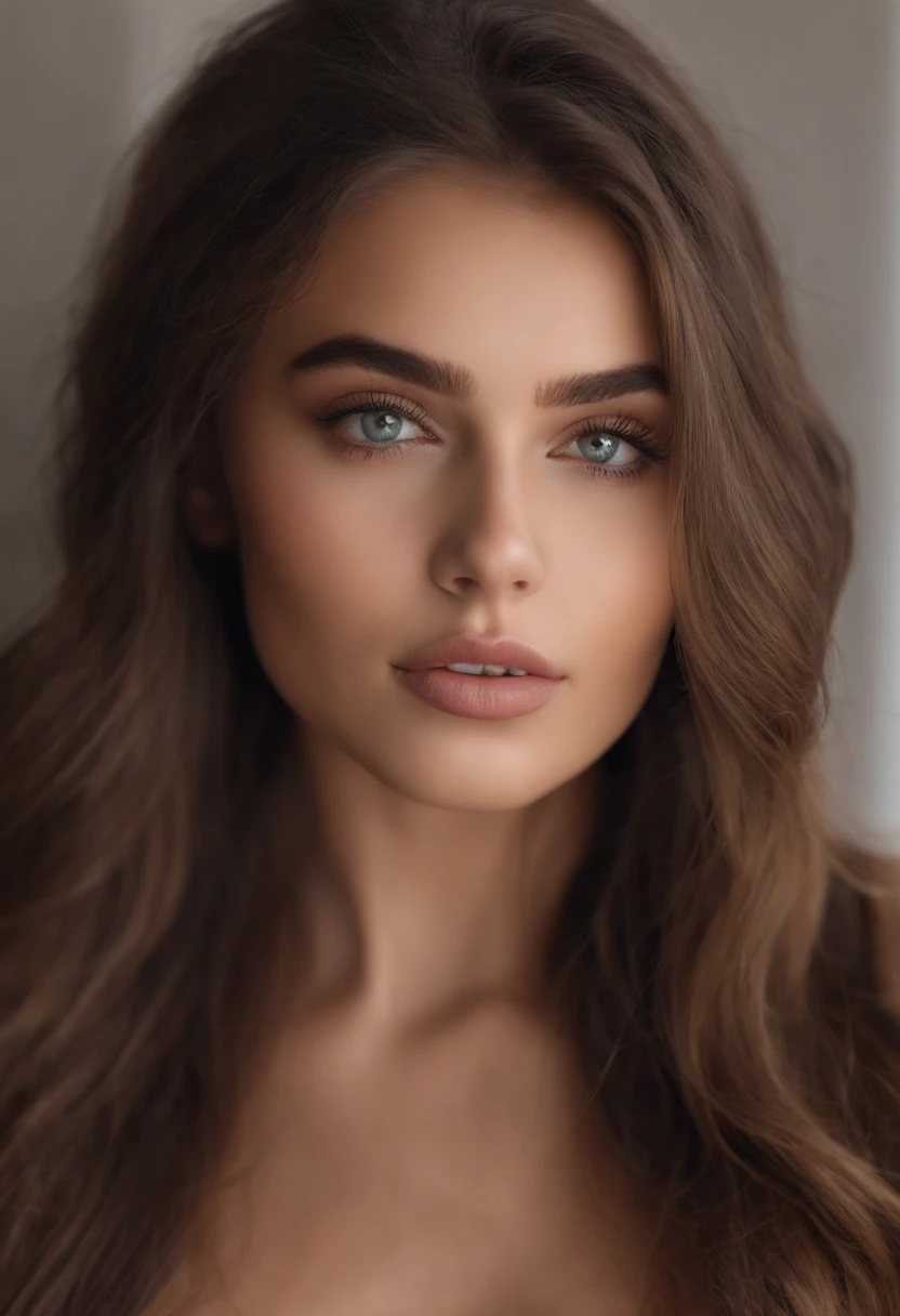 Arafed woman completely , fille aux yeux bruns, ultra realist, Meticulously detailed, Portrait Sophie Mudd, cheveux bruns et grands yeux, selfie of a young woman, Yeux de chambre, Violet Myers, sans maquillage, maquillage naturel, looking straight at camera, Visage avec Artgram, Maquillage subtil, Superbe photo du corps entier, dans le salon, Medium to large bust