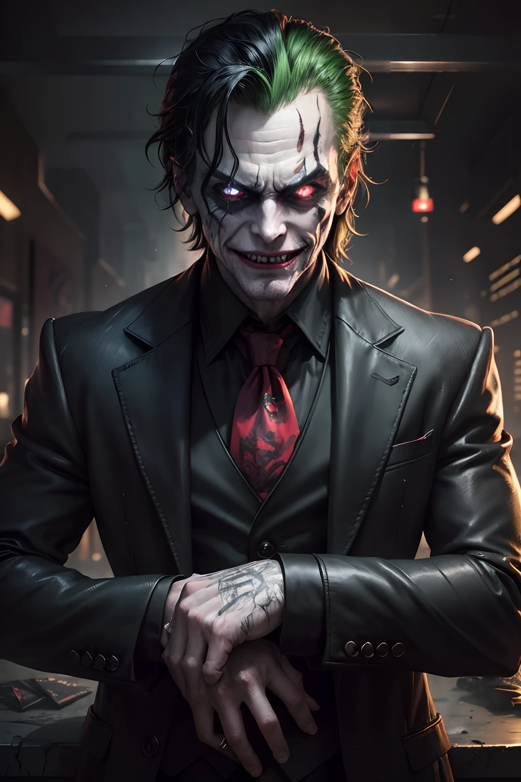(8k, RAW photo, best quality, masterpiece:1.2), ultra detailed, official art, photo-realistic:1.37, upper body shot, DC Joker, film grain, action pose