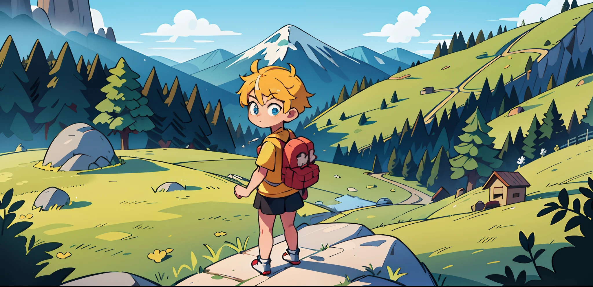 Heads-up,full bodyesbian,4 Cephalic body,Yellow hair ,eBlue eyes,AS-Adult ,2guys,backpacks,Going down the mountain,Back Shadow,Mountain,male people,femele,In front of the convenience store,Visual short sleeves,shorter pants,a skirt,athletic sneakers,One person goes down the mountain,Back shadow,One person up the mountain,Faraway view,,hillside,The tree,bushi