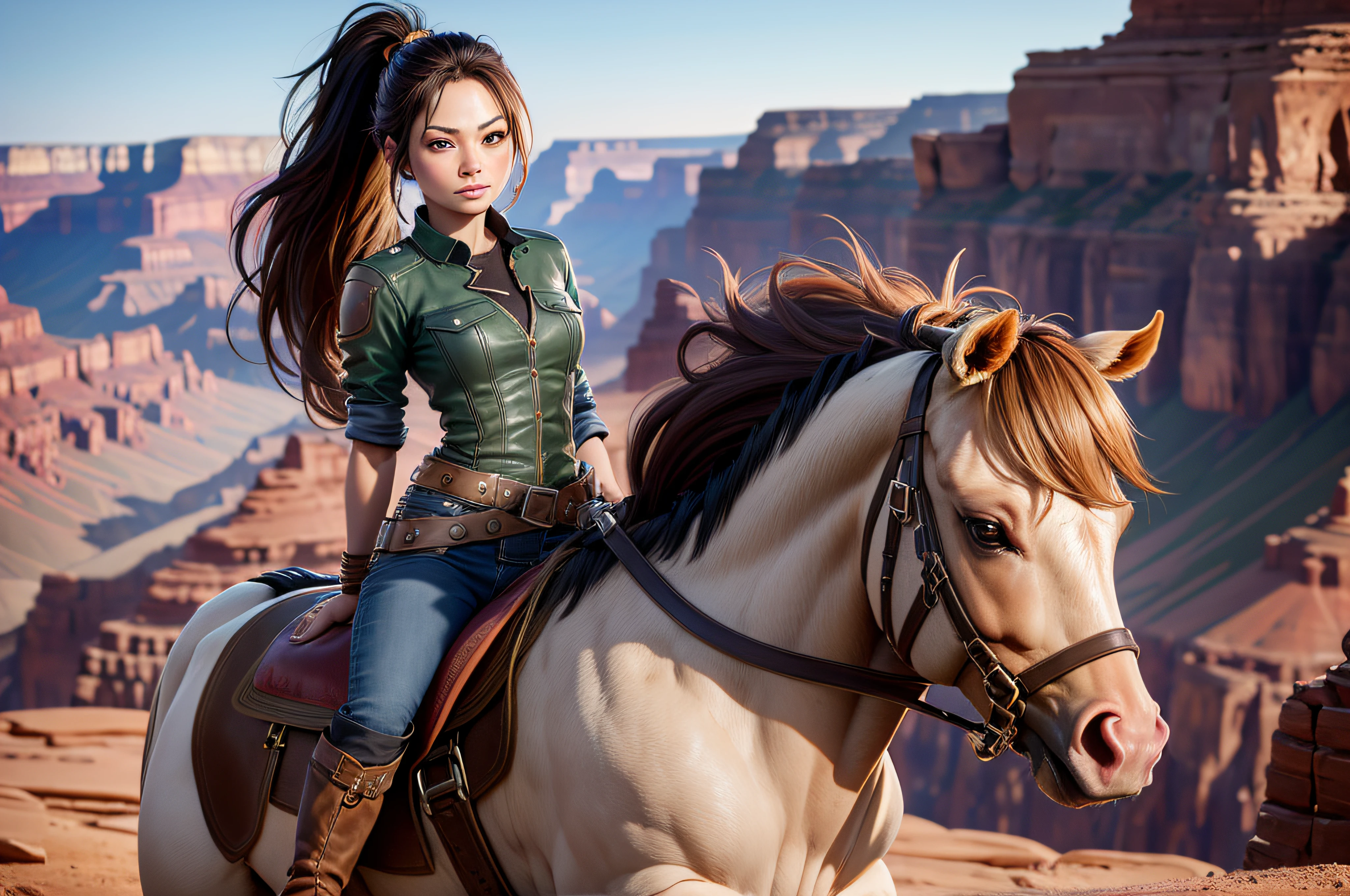 Panoramic view of Kristin Kreuk with a ponytail and green eyes, dressed as a cow-girl with a jean and leather boots, riding on a horse dans le Grand Canyon au coucher du soleil . realistic image, detailed skin, face detailed, hyper realistic. Cinematic lighting. Golden ratio.