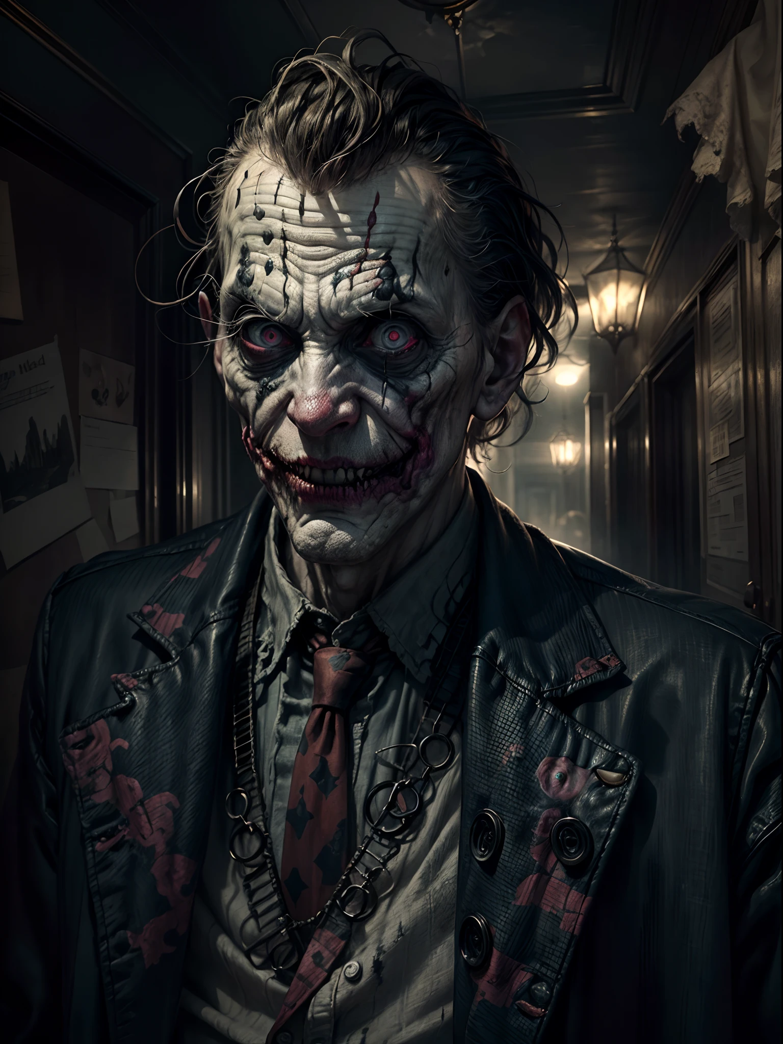 (best quality,4k,8k,highres,masterpiece:1.2),ultra-detailed,(realistic,photorealistic,photo-realistic:1.37),Joker's upper body in the style of HP.Lovecraft,dark,macabre atmosphere,detailed facial expression,ominous eyes,wiry hair,weathered skin,sharp cheekbones,exaggerated grin with twisted lips,distorted features,deep shadows and dramatic lighting,raggedy and tattered clothing,creepy tentacles emerging from the background,unsettling and eerie surroundings,gloomy color palette,weird and abstract elements blending in seamlessly,horror,gothic feel,psychological depth,Dagonian horror influence,disturbing ambiance,nightmarish,otherworldly presence.