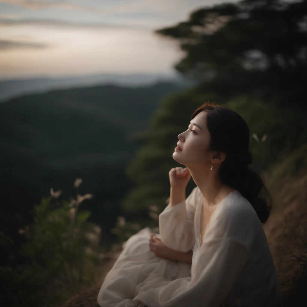 Beautuful Women、japanes、Best Quality、8K、Raw photo、Dreams、wanting、natta、天空、posterior view、starrysky、nighttime scene、modeled、Sitting on a hill、posterior view、Hairstyle is long straight、