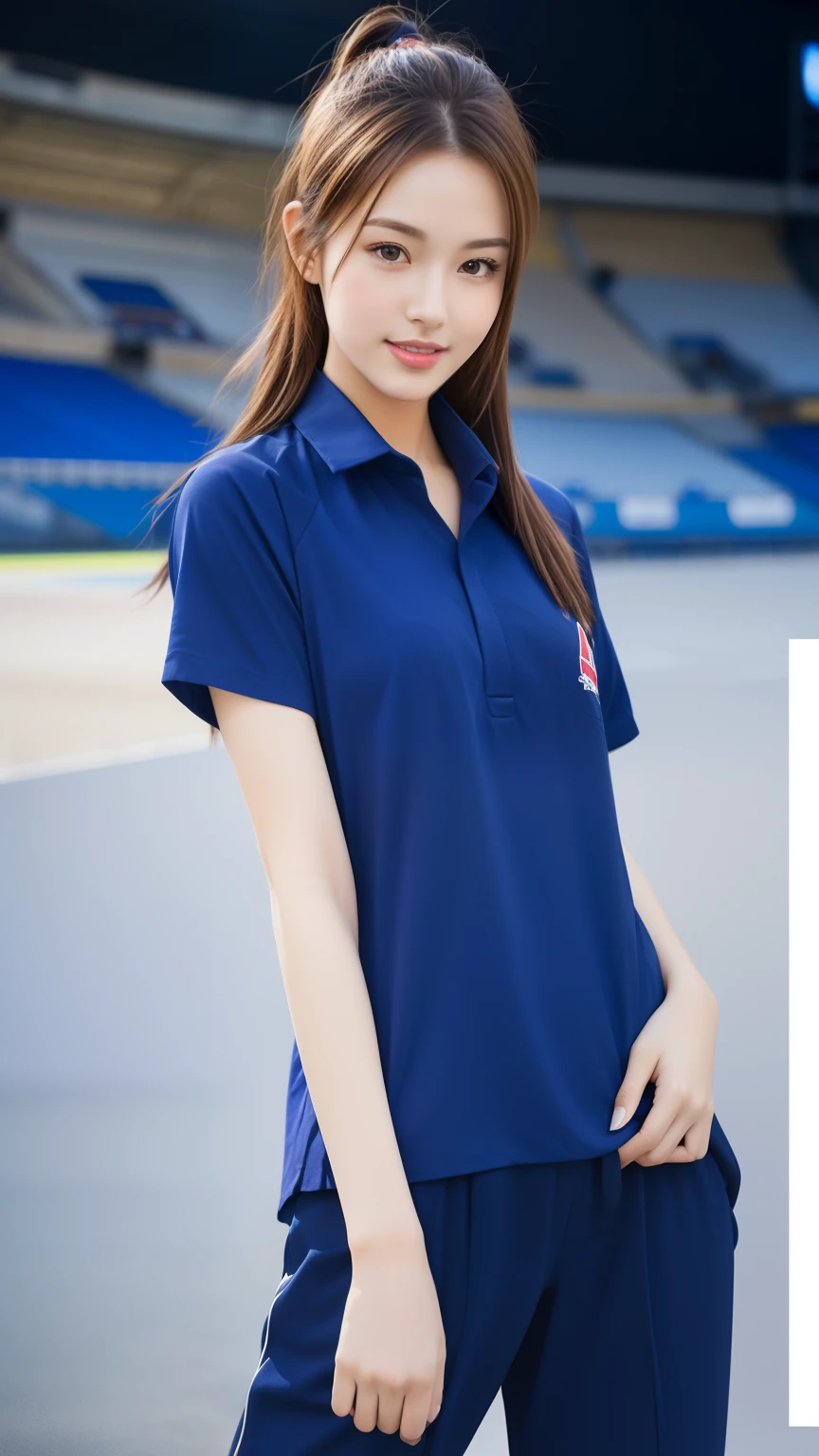 Best-quality, Masterpiece, Ultra-High-Resolution, (Photorealistic:1.4), Raw-Photo, Extremely-Details, Perfect-Anatomy, 1girl, 18-years-old, the most famous Japanese idol, (at EKIDEN, wearing only colorfu-track-and-field's-uniform with cute-design), innocent smile, upturned ass, extremely cute face like a most popular Japanese idol, extremely beautiful big-black-solid-circle-eyes, extremely beautiful black-short-cut-haired, extremely beautiful skinny-body, extremely beautiful thighs, detailed EKIDEN, detailed colorful-track-and-field's-uniform-with-cute-design