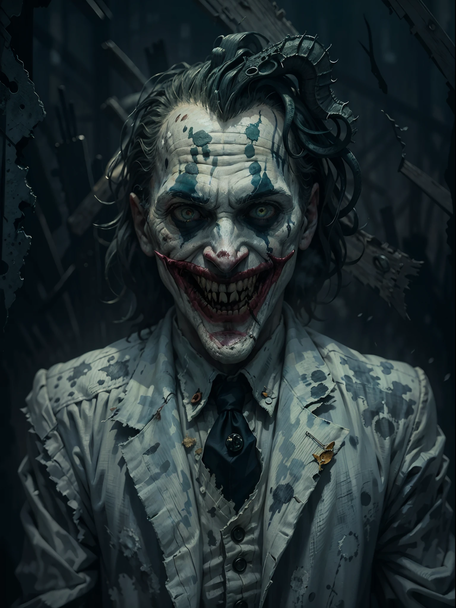 (best quality,4k,8k,highres,masterpiece:1.2),ultra-detailed,(realistic,photorealistic,photo-realistic:1.37),Joker's upper body in the style of HP.Lovecraft,dark,macabre atmosphere,detailed facial expression,ominous eyes,wiry hair,weathered skin,sharp cheekbones,exaggerated grin with twisted lips,distorted features,deep shadows and dramatic lighting,raggedy and tattered clothing,creepy tentacles emerging from the background,unsettling and eerie surroundings,gloomy color palette,weird and abstract elements blending in seamlessly,horror,gothic feel,psychological depth,Dagonian horror influence,disturbing ambiance,nightmarish,otherworldly presence.