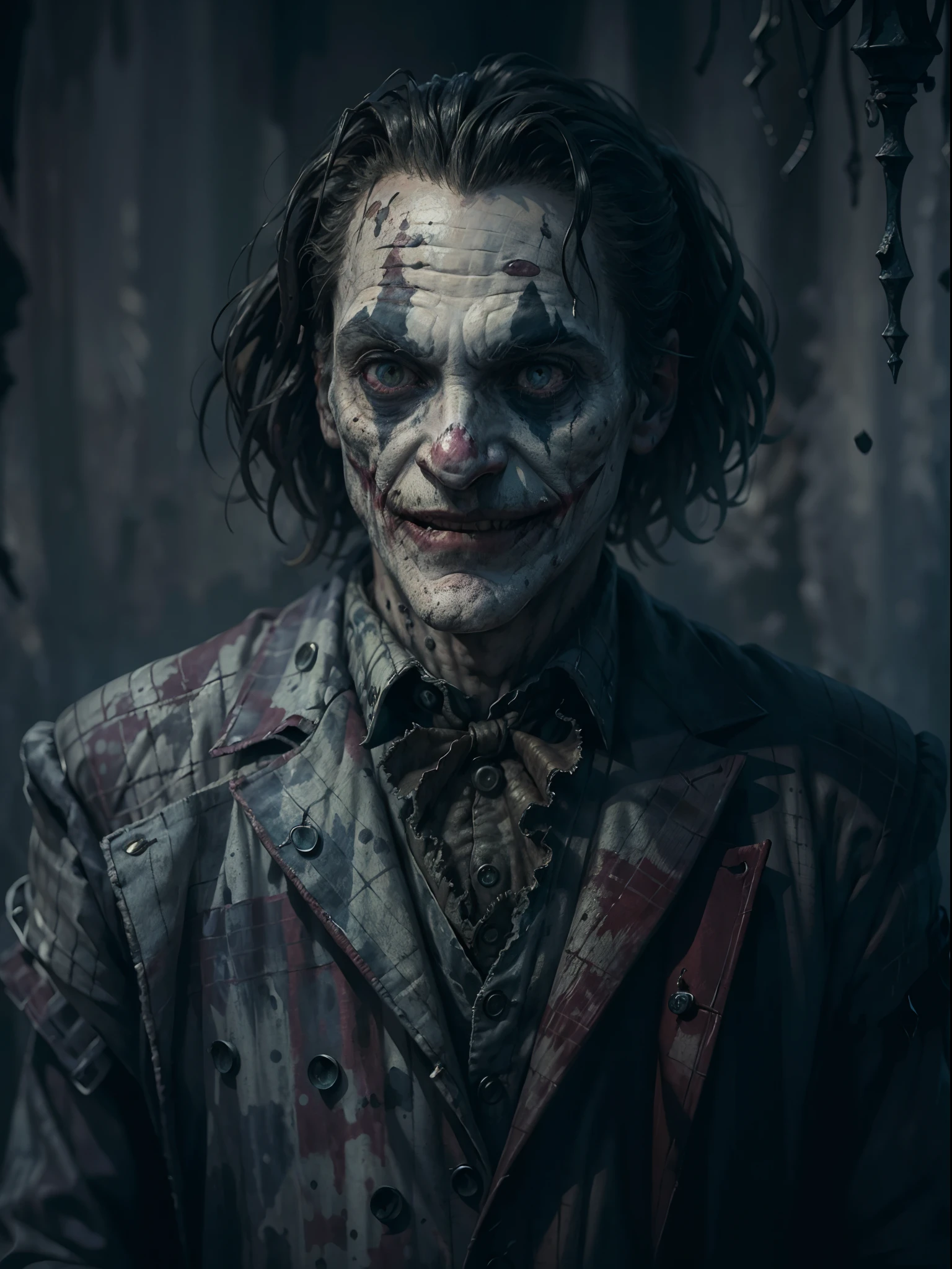 (best quality,4k,8k,highres,masterpiece:1.2),ultra-detailed,(realistic,photorealistic,photo-realistic:1.37),Joker's upper body in the style of HP.Lovecraft,dark,macabre atmosphere,detailed facial expression,ominous eyes,wiry hair,weathered skin,sharp cheekbones,exaggerated grin with twisted lips,distorted features,deep shadows and dramatic lighting,raggedy and tattered clothing,creepy tentacles emerging from the background,unsettling and eerie surroundings,gloomy color palette,weird and abstract elements blending in seamlessly,horror,gothic feel,psychological depth,Dagonian horror influence,disturbing ambiance,nightmarish,otherworldly presence.