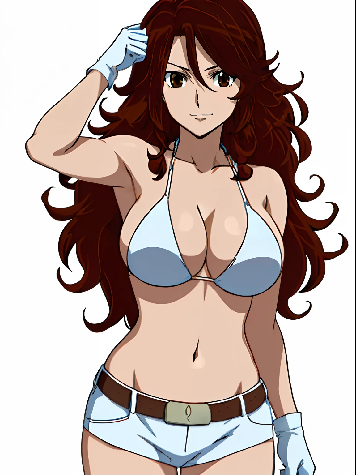 Best Quality, hires, curvy midsection, solo, 1 girl, strong woman, female wrestler, smile, happy), (detailed titration screen, upper body only, anime style: 1.8, anime drawing, ultra detailed face, ultra detailed body, 4k, Sumergai Lee Noriega, (standing), best quality, anime style, hires, highest definition, digital blending, bold drawing lines, ((wwe diva), ((White Background)), ( pro female wrestler, long attractive belly, slim body, (strong arm muscles), broad shoulders , off-shoulders, closed fists, (very curvy: 2.8)), ((elegant red bikini , shorts, white gloves, arm band, arm band, (champion belt))), (pale skin, big breasts, closed mouth), (big eyes, brown eyes, shiny eyes), (), (reddish hair, loose hair, curly hair, wavy hair, long hair, missy hair), 27 years old