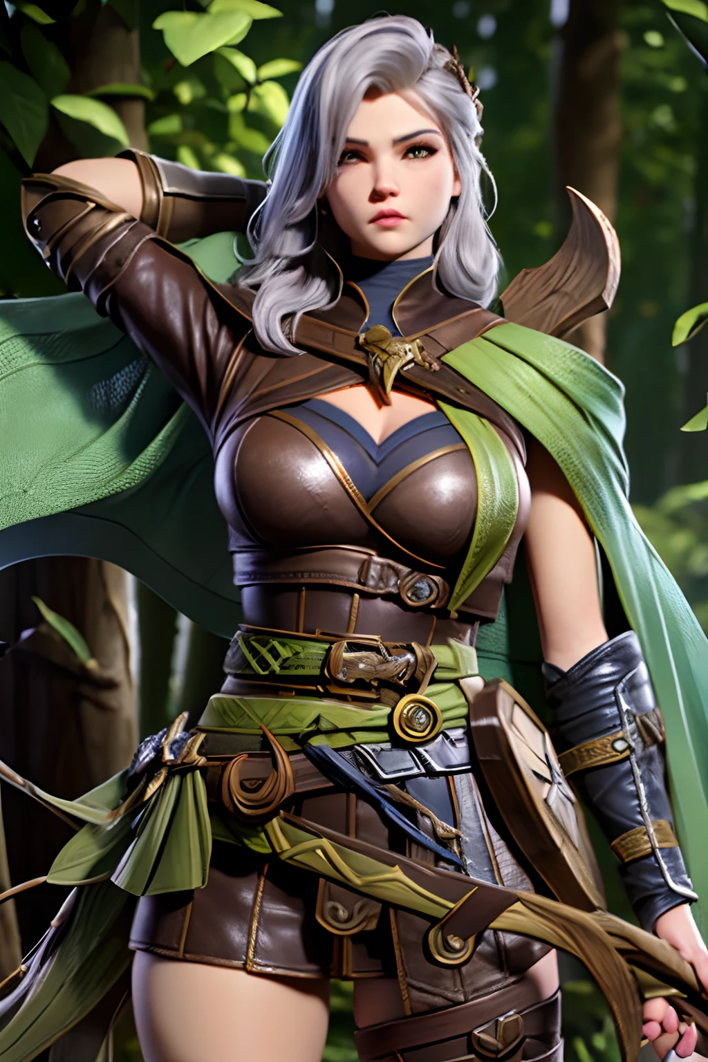 8k, hd, extreme details, 3d style, league of legends character, archer, female, 1girl, closed stance pose, aiming pose, holding legendary bow, forest ranger, silver hair, green cape, brown leather armor, brown leather trousers, character portrait, dota 2, league of legends, MOBA games, stylized characters, tall girl, beautiful, soft lighting