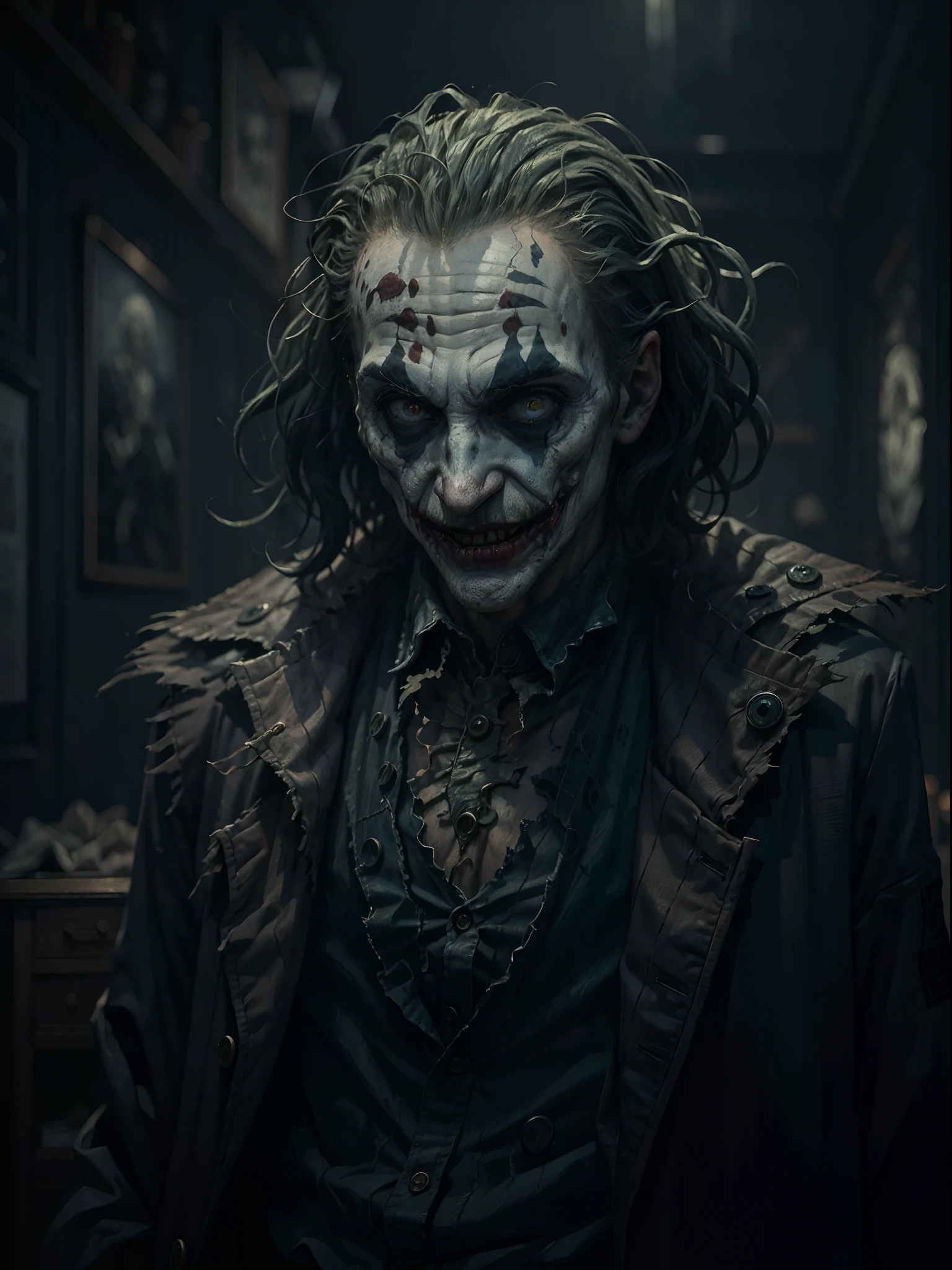 (best quality,4k,8k,highres,masterpiece:1.2),ultra-detailed,(realistic,photorealistic,photo-realistic:1.37),Joker's upper body in the style of HP.Lovecraft,dark,macabre atmosphere,detailed facial expression,ominous eyes,wiry hair,weathered skin,sharp cheekbones,exaggerated grin with twisted lips,distorted features,deep shadows and dramatic lighting,raggedy and tattered clothing,creepy tentacles emerging from the background,unsettling and eerie surroundings,gloomy color palette,weird and abstract elements blending in seamlessly,horror,gothic feel,psychological depth,Dagonian horror influence,disturbing ambiance,nightmarish,otherworldly presence.