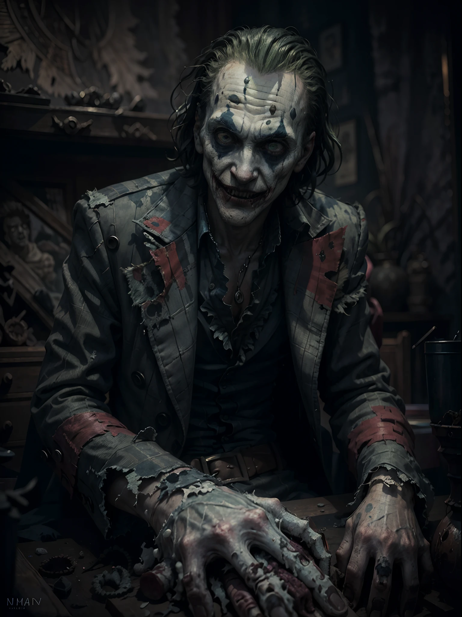 (best quality,4k,8k,highres,masterpiece:1.2),ultra-detailed,(realistic,photorealistic,photo-realistic:1.37),Joker's upper body in the style of HP.Lovecraft,dark,macabre atmosphere,detailed facial expression,ominous eyes,wiry hair,weathered skin,sharp cheekbones,exaggerated grin with twisted lips,distorted features,deep shadows and dramatic lighting,raggedy and tattered clothing,creepy tentacles emerging from the background,unsettling and eerie surroundings,gloomy color palette,weird and abstract elements blending in seamlessly,horror,gothic feel,psychological depth,Dagonian horror influence,disturbing ambiance,nightmarish,otherworldly presence.