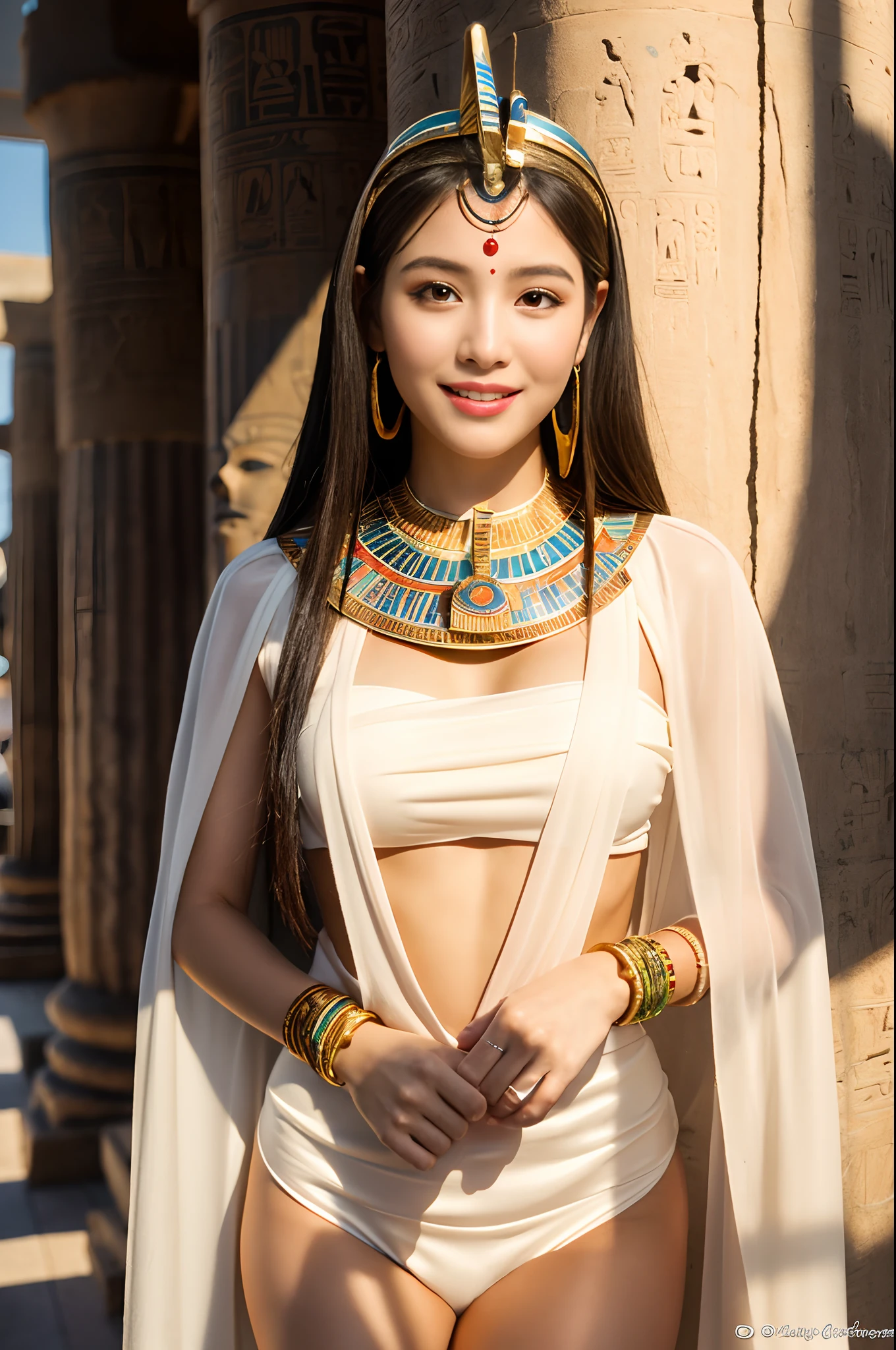 (((ancient egyptian Kalasiris))),(((ancient egyptian queen headpiece))),(((bib necklace))),(((bare inner thigh))),(((bangle))),(((ancient egypt traditional white sheer fabric cape))),ulzzang-6500-v1.1, (Raw photo:1.2), (Photo realistic:1.4), a beautiful detailed girl, extremely detailed eye and face, beautiful detailed eyes, ultra-detailed, High resolution, top-quality, ​masterpiece, highly detailed, 8k wallpaper, Wonderful, finely detail, top-quality, Light on the face,电影灯光,1girl in,(ancient egypt pyramids and sphinx),Beautiful eyes,smile,Opening Mouth