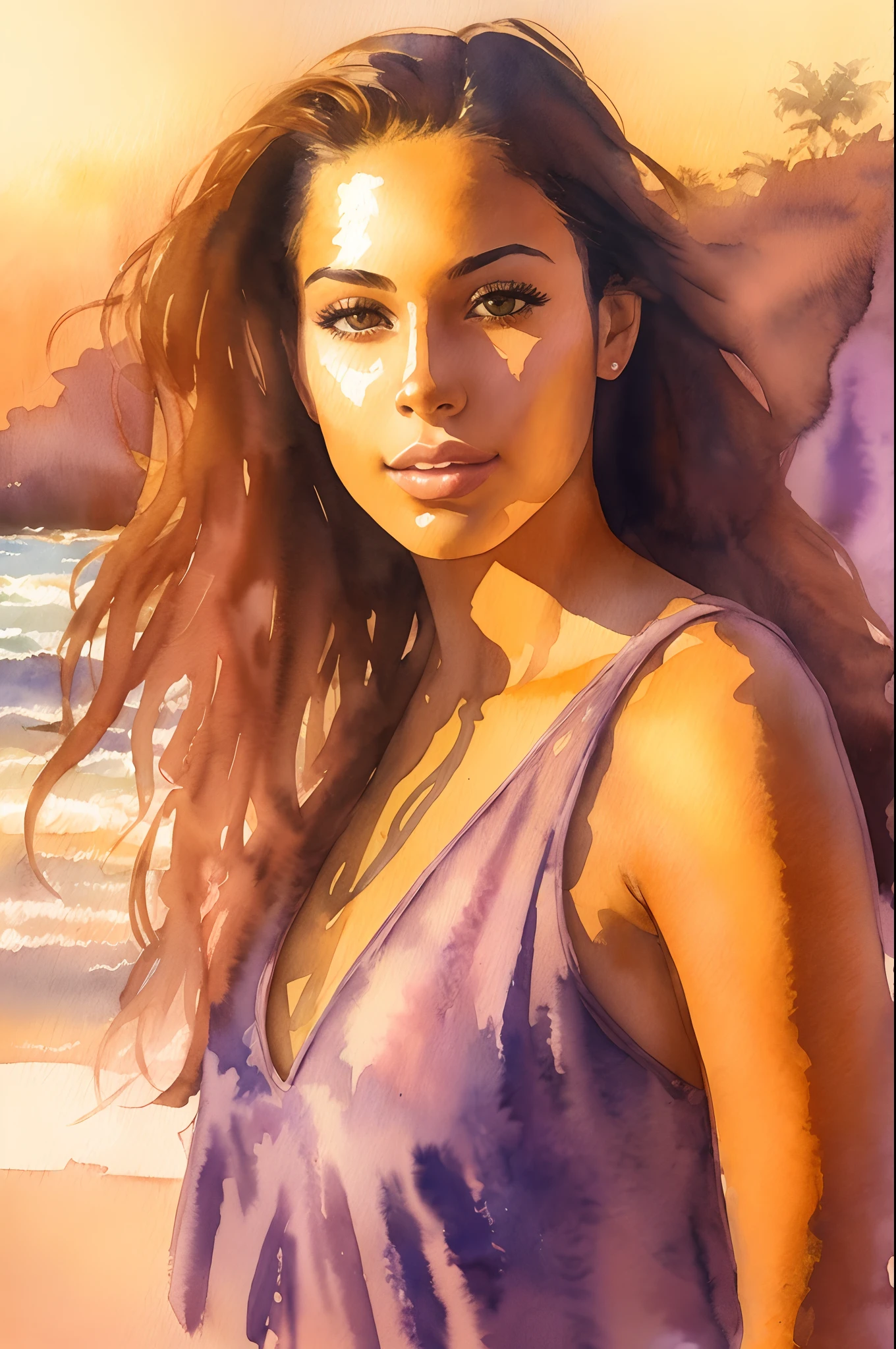 watercolor painting of a gorgeous Brazilian woman in her mid 20s posing nude on a Brazilian tropical beach, professional model, full body portrait, side-lit in golden sunlight, golden hour, nsfw, detailed watercolor brush strokes, watercolor style --auto --s2