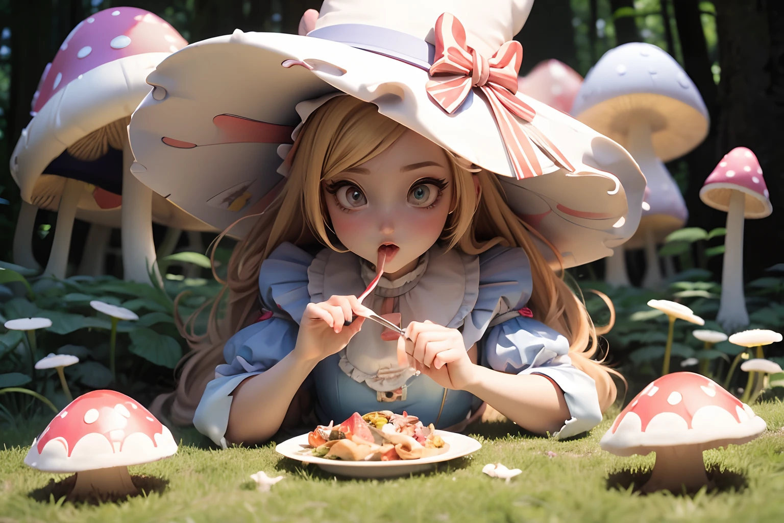 masterpiece, best quality, an Alice (Alice in wonderland) eating psychedelic mushrooms