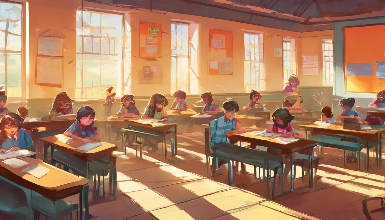 the essence of nostalgic school days. Vibrant classroom with benches filled with students, boys and girls engaged in vivid conversations. Realistic & detailed artistic style brings the scene to life
