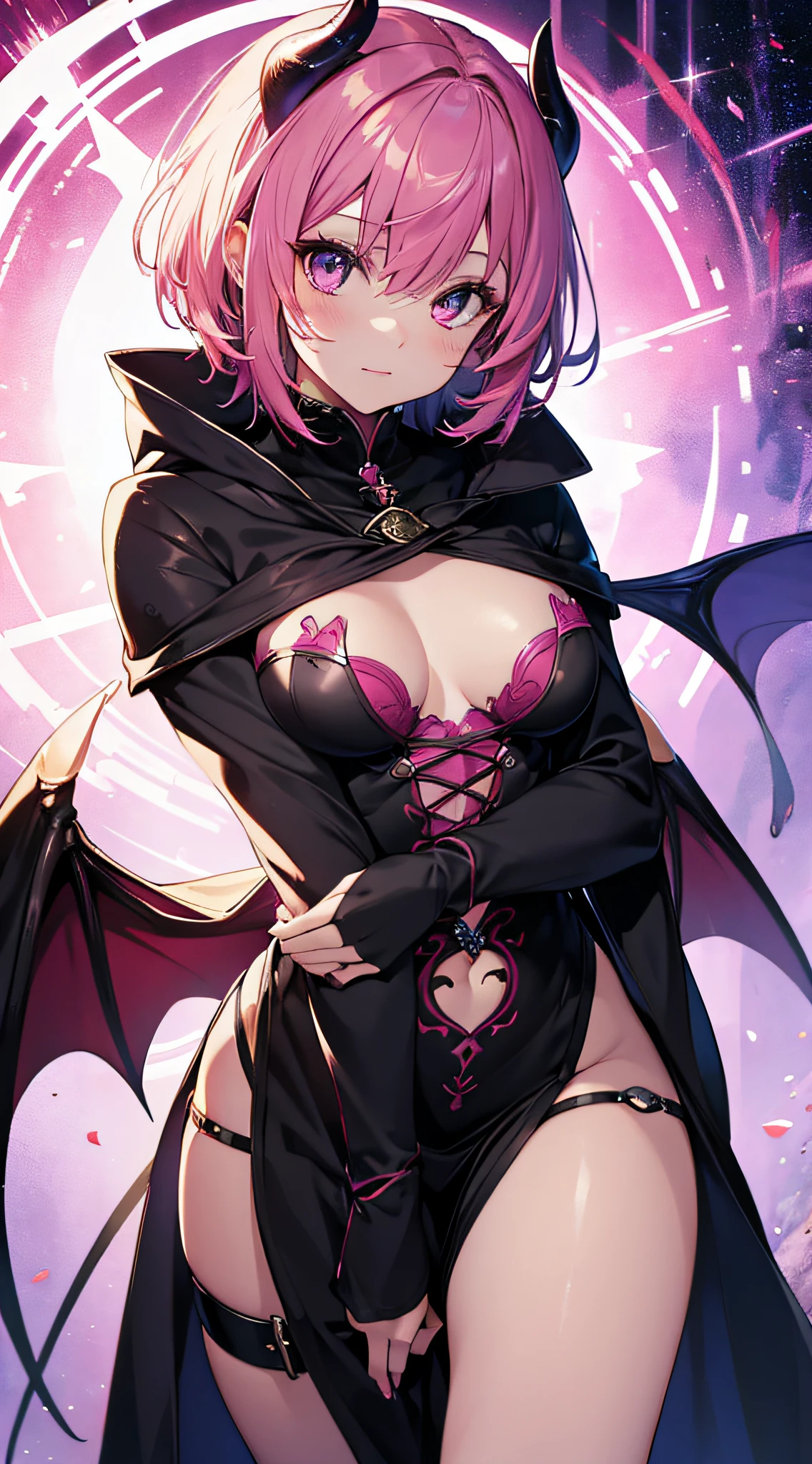 (best quality, vivid colors, ultra-detailed),portrait,succubus,pink hair,short hair,wear a cloak to cover her body,cute, tattoo, (seduce)