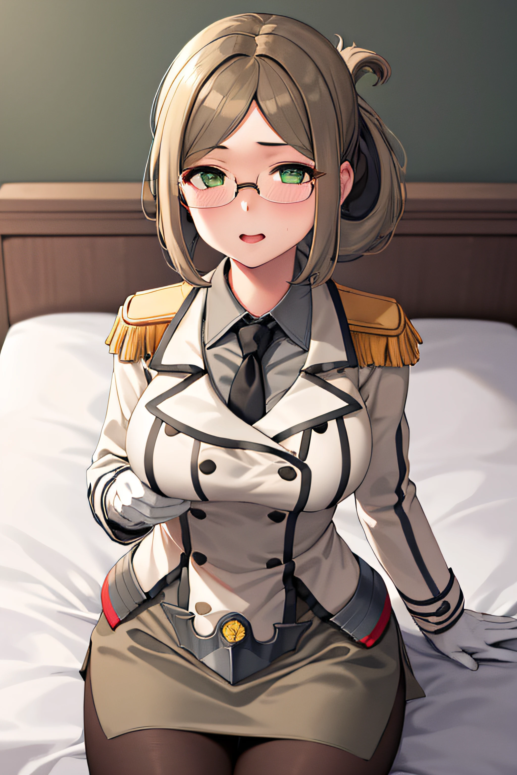 1girl, solo,
katori \(kancolle\), brown hair, folded ponytail, parted bangs, green eyes, glasses, rimless eyewear,
(masterpiece, best quality:1.2),illustration,8k,hd,1girl,solo,upper body,portrait,katori \(kancolle\),light brown hair,folded ponytail,parted bangs,green eyes,glasses,rimless eyewear,military uniform,white jacket,epaulettes,black necktie,white gloves,grey skirt,miniskirt,pencil skirt,black pantyhose
indoors,on bed,