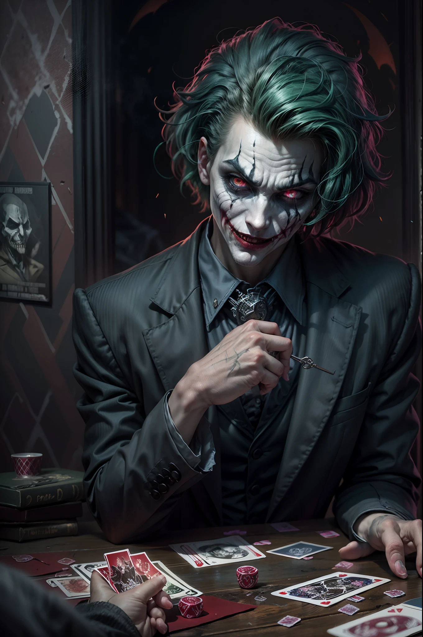 Dark joker man, sorting sharp teeth, red eyes black clothing