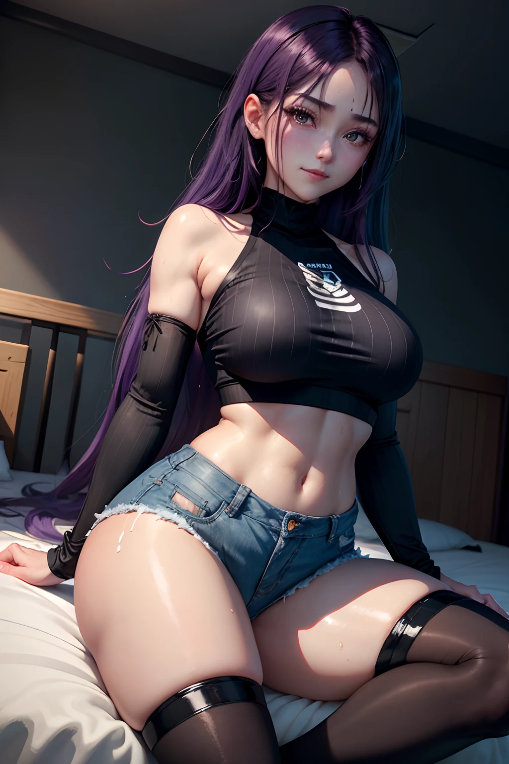 Jersey material is cotton、A slight smil、Transcendent beauty、Dark Gothic Makeup、Sweat glitters on my face、Sweat glitters on my thighs、The whole body is shiny with sweat.、Long hair straight hair、Purple hair、Transcendent cute face、Sit up、a bed、sprawl、Dark black knee-high socks、Dark Black Thigh Socks、Dark blush、masutepiece、8K、dark black eye shadow、24 year old、wretched、Sticky shiny thighs、Sweat a lot all over your body、chies、Too large tops、Sweat shining generously on the thighs、A smile、Smile、Underwear black、Transcendent Denim Short、Denim length super short、Mini Hot Pants、Tight denim、Slender system、Stained glass background、boredom、Sad face、Sweat glistens on my face、Stop Close-up、Wearing a black bra、Slender figure、Bust size is C cup、3D、Wear the Adidas jersey、
