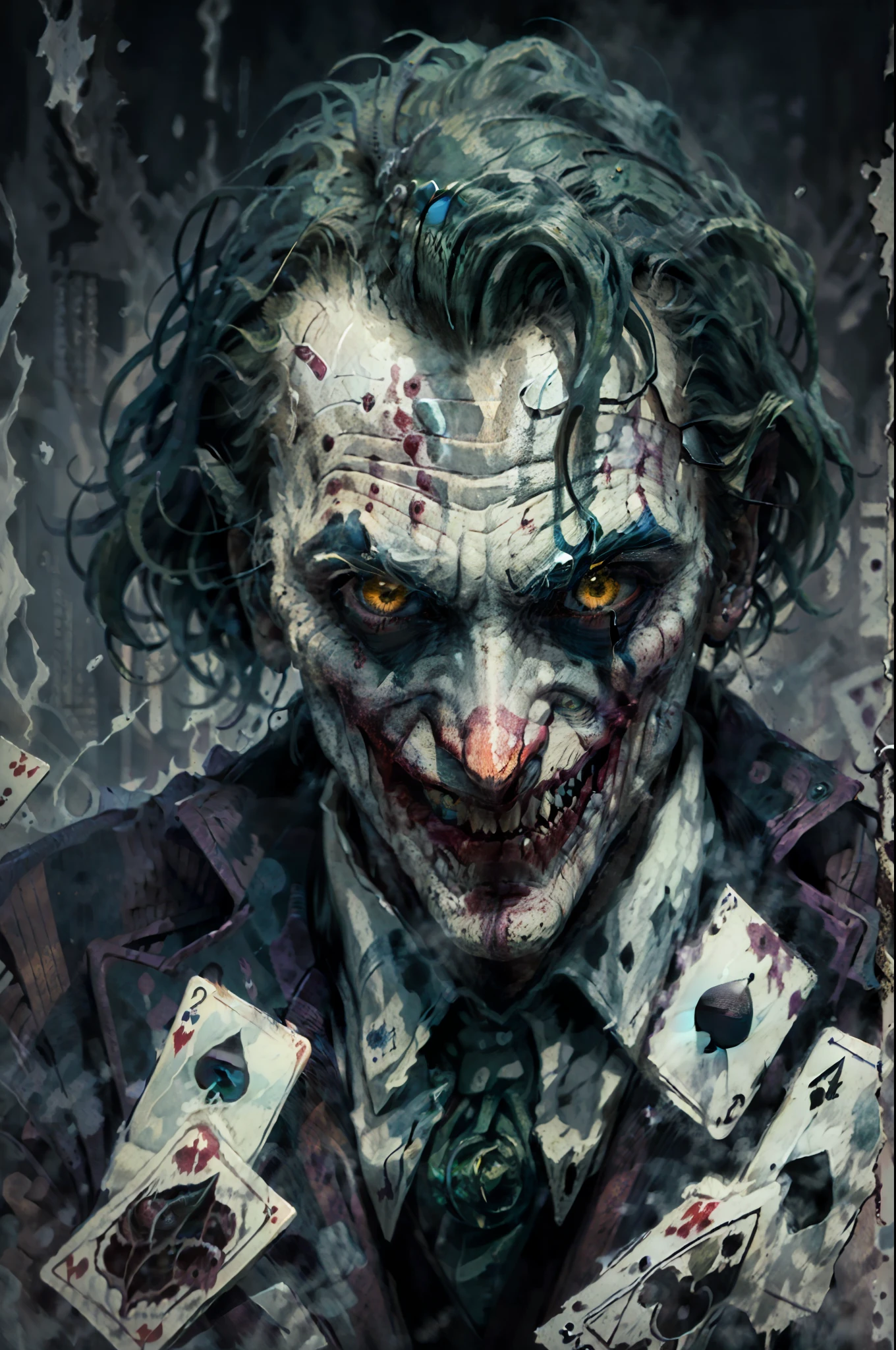 upper body image of joker,HP.lovecraft style,black and white,menacing atmosphere,bizarre expressions,emerald eyes,fangs,bloody red lips,disheveled green hair,distorted face details,long nose,ragged purple suit,tattered playing cards in the background,dark and eerie lighting,horror portrait,vivid contrast,HDR,high-res details,fear-inducing presence,otherworldly elements