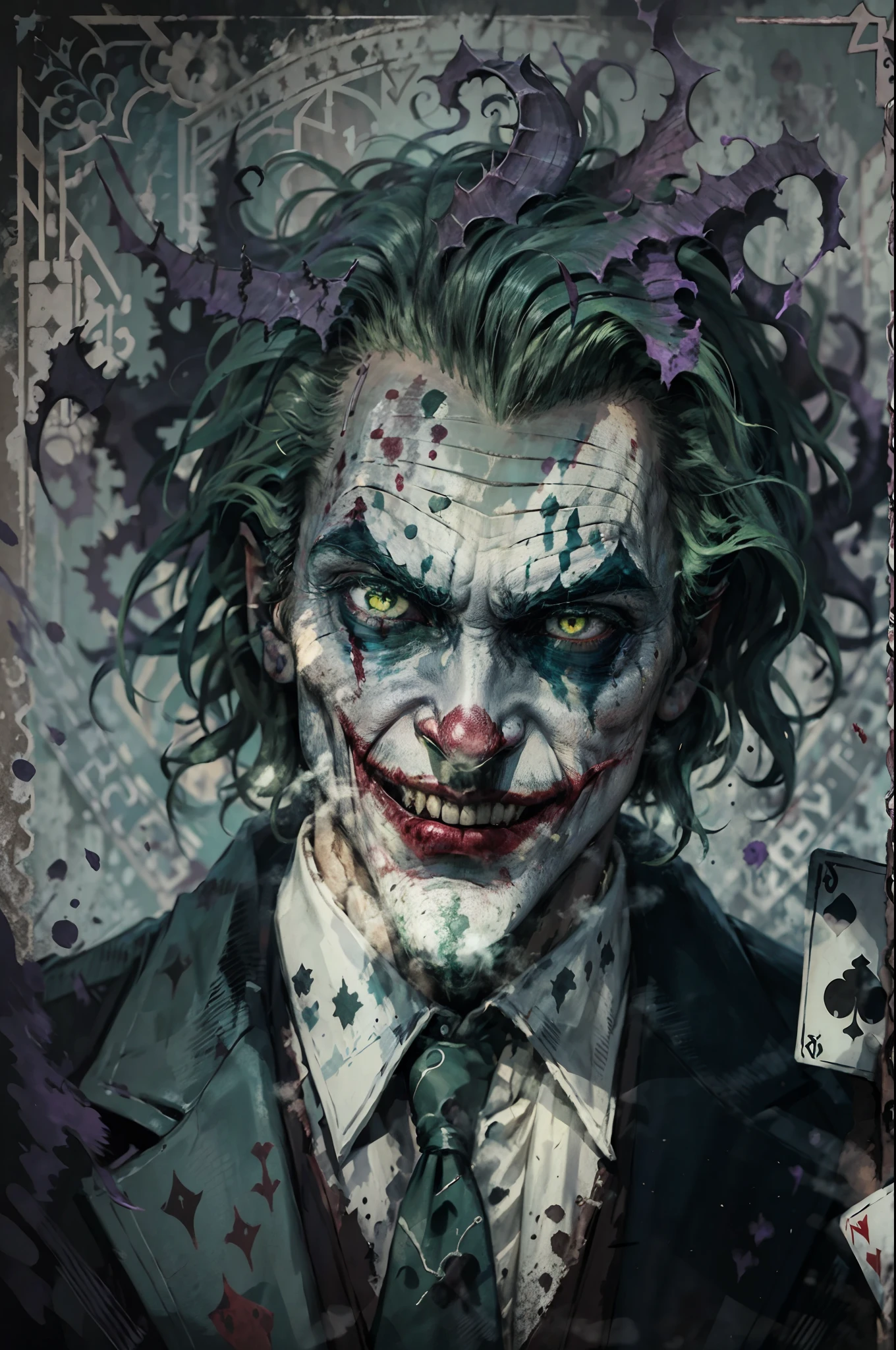 upper body image of joker,HP.lovecraft style,black and white,menacing atmosphere,bizarre expressions,emerald eyes,fangs,bloody red lips,disheveled green hair,distorted face details,long nose,ragged purple suit,tattered playing cards in the background,dark and eerie lighting,horror portrait,vivid contrast,HDR,high-res details,fear-inducing presence,otherworldly elements