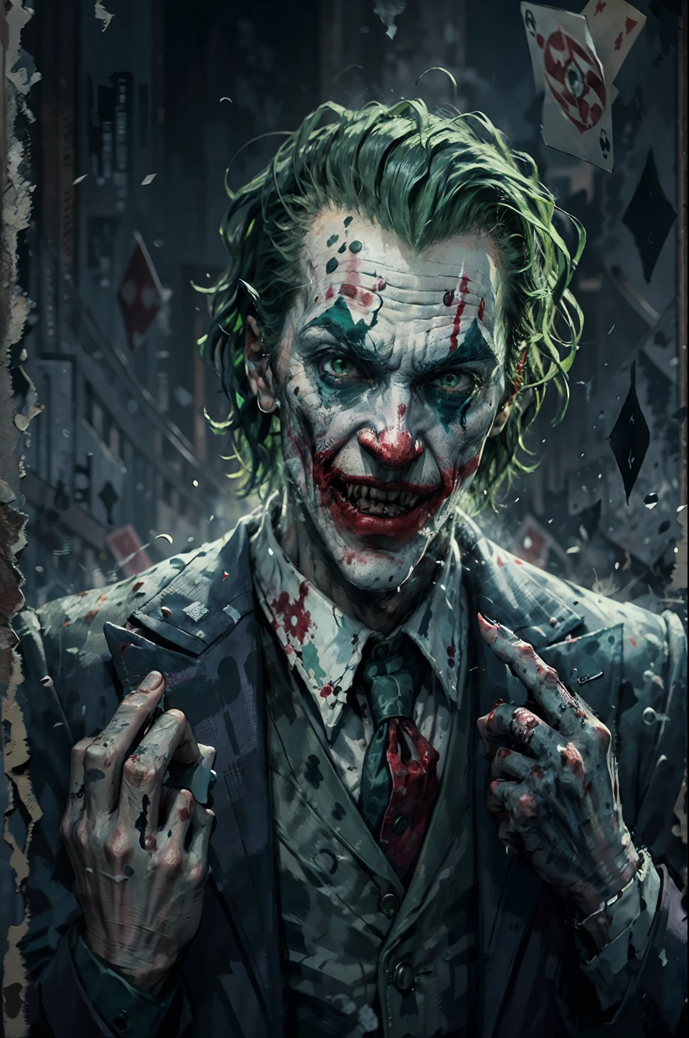 upper body image of joker,HP.lovecraft style,black and white,menacing atmosphere,bizarre expressions,emerald eyes,fangs,bloody red lips,disheveled green hair,distorted face details,long nose,ragged purple suit,tattered playing cards in the background,dark and eerie lighting,horror portrait,vivid contrast,HDR,high-res details,fear-inducing presence,otherworldly elements